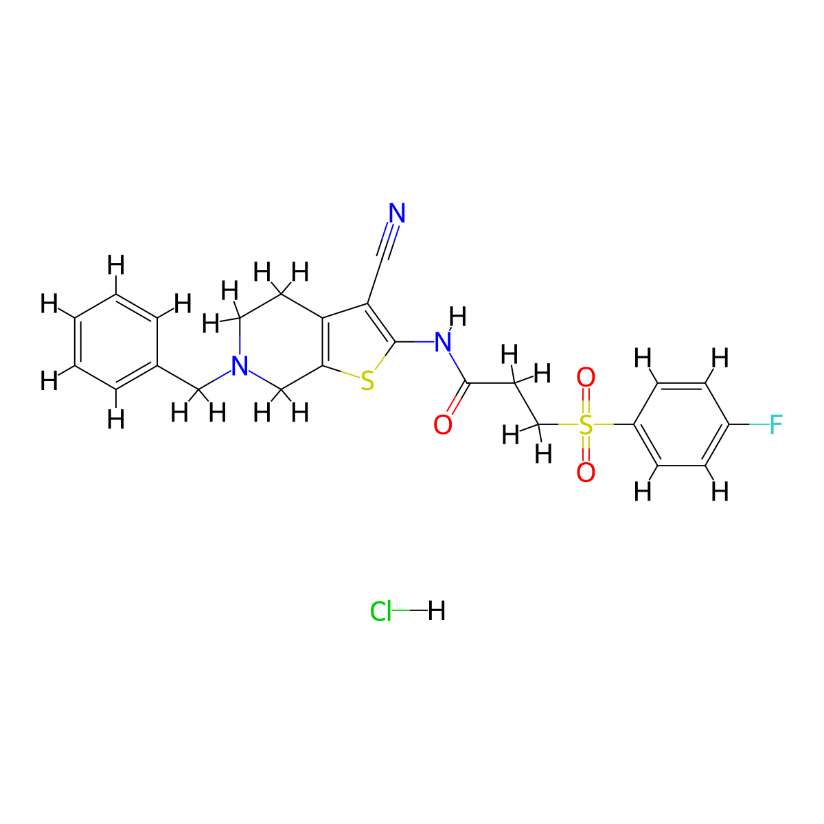 N-(6-benzyl-3-cyano-4,5,6,7-tetrahydrothieno[2,3-c]pyridin-2-yl)-3-((4-fluorophenyl)sulfonyl)propanamide hydrochloride molecular structure, CAS 1215526-18-3
