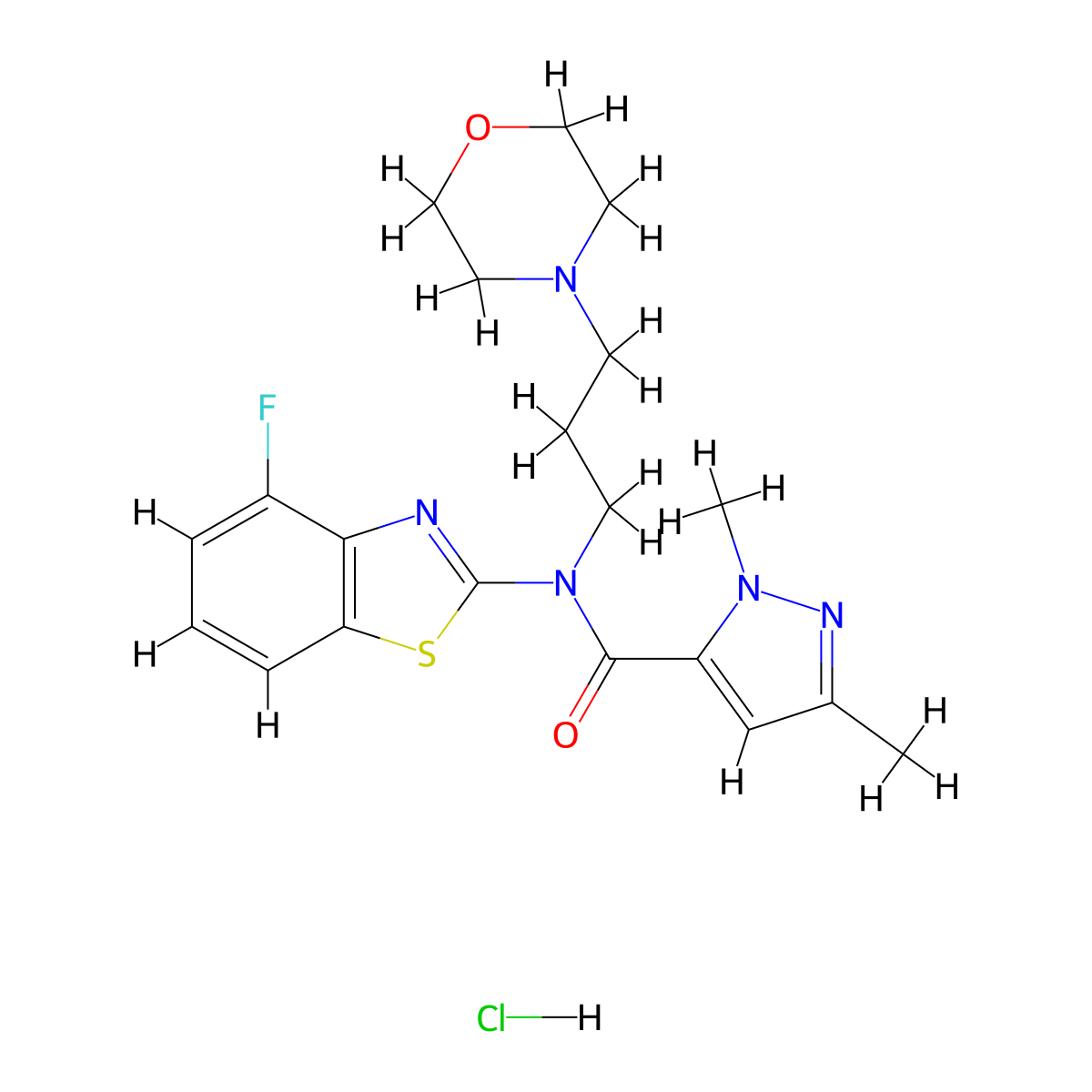 N-(4-fluoro-1,3-benzothiazol-2-yl)-1,3-dimethyl-N-[3-(morpholin-4-yl)propyl]-1H-pyrazole-5-carboxamide hydrochloride molecular structure, CAS 1215534-14-7