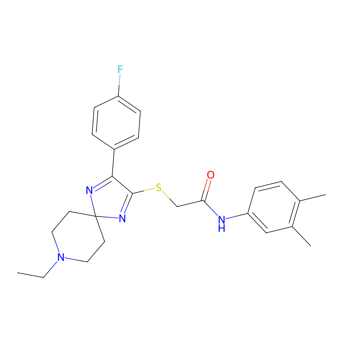 N-(3,4-dimethylphenyl)-2-((8-ethyl-3-(4-fluorophenyl)-1,4,8-triazaspiro[4.5]deca-1,3-dien-2-yl)thio)acetamide molecular structure, CAS 1215535-88-8
