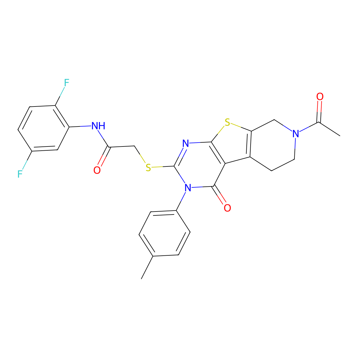 2-((7-acetyl-4-oxo-3-(p-tolyl)-3,4,5,6,7,8-hexahydropyrido[4',3':4,5]thieno[2,3-d]pyrimidin-2-yl)thio)-N-(2,5-difluorophenyl)acetamide molecular structure, CAS 1215539-40-4