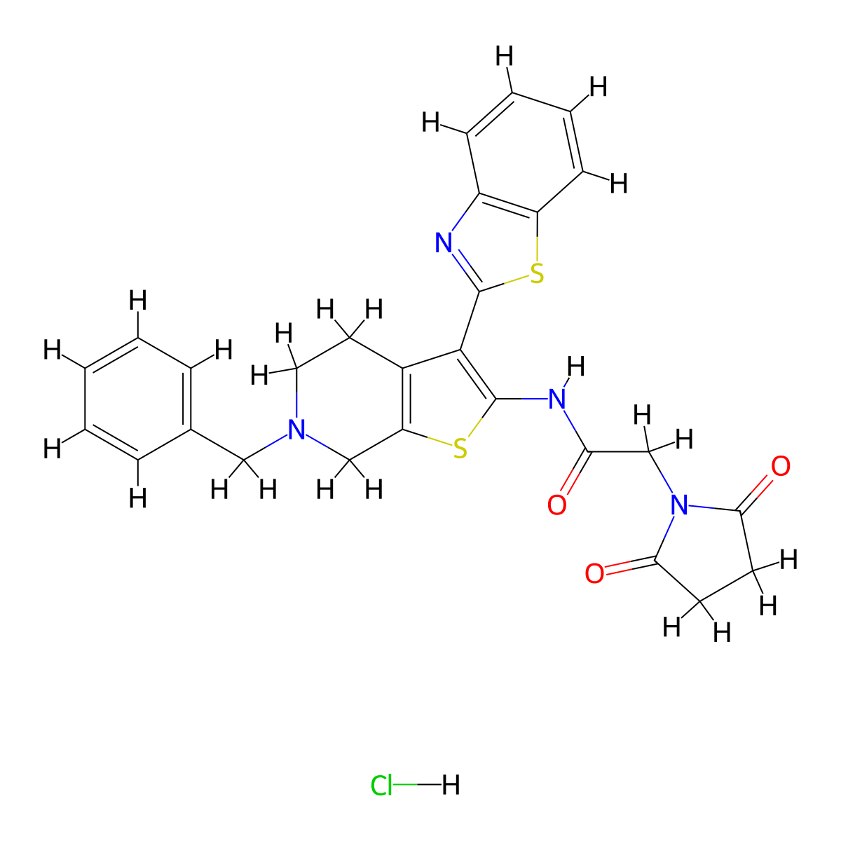 N-(3-(benzo[d]thiazol-2-yl)-6-benzyl-4,5,6,7-tetrahydrothieno[2,3-c]pyridin-2-yl)-2-(2,5-dioxopyrrolidin-1-yl)acetamide hydrochloride molecular structure, CAS 1215543-98-8