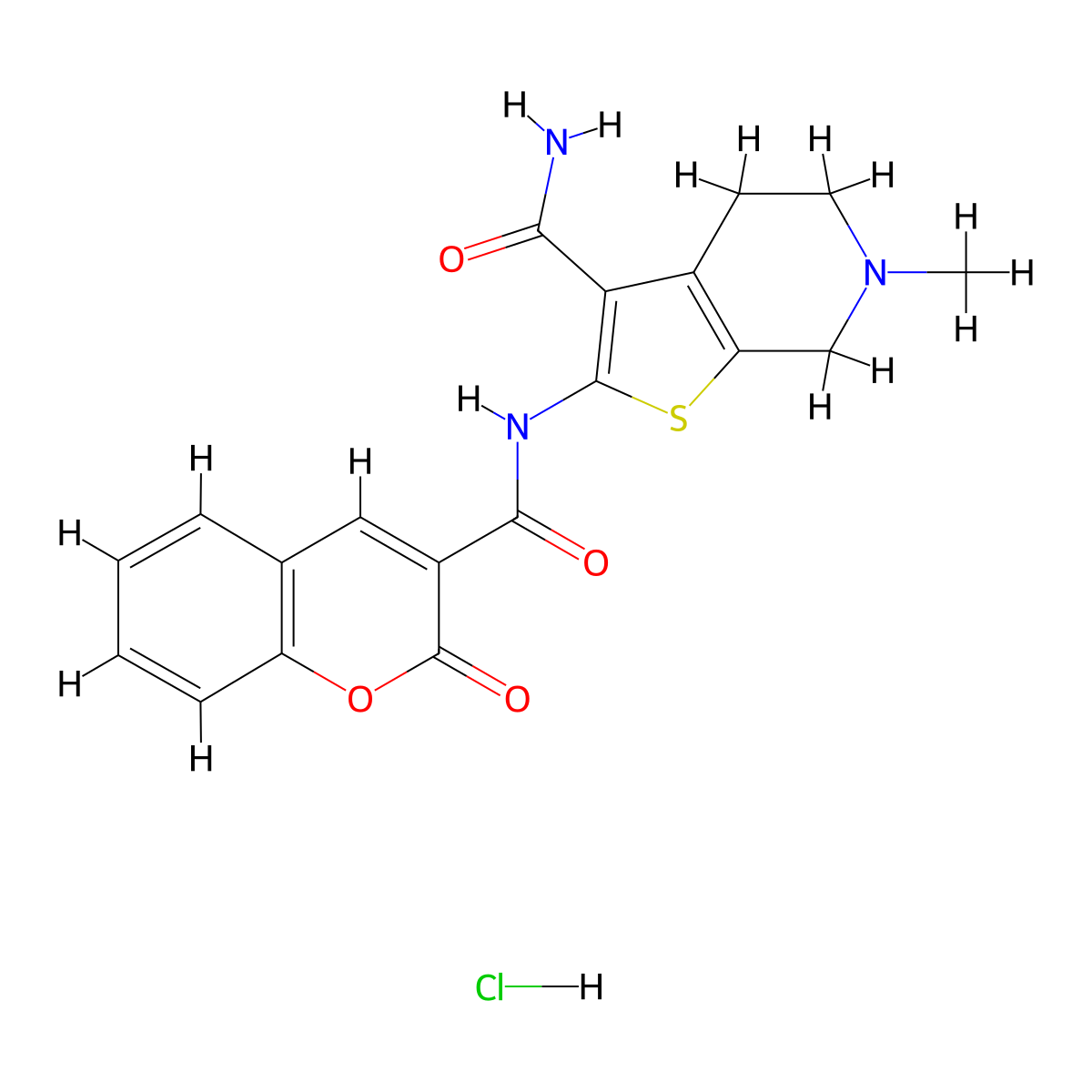 6-methyl-2-(2-oxo-2H-chromene-3-carboxamido)-4,5,6,7-tetrahydrothieno[2,3-c]pyridine-3-carboxamide hydrochloride molecular structure, CAS 1215546-32-9