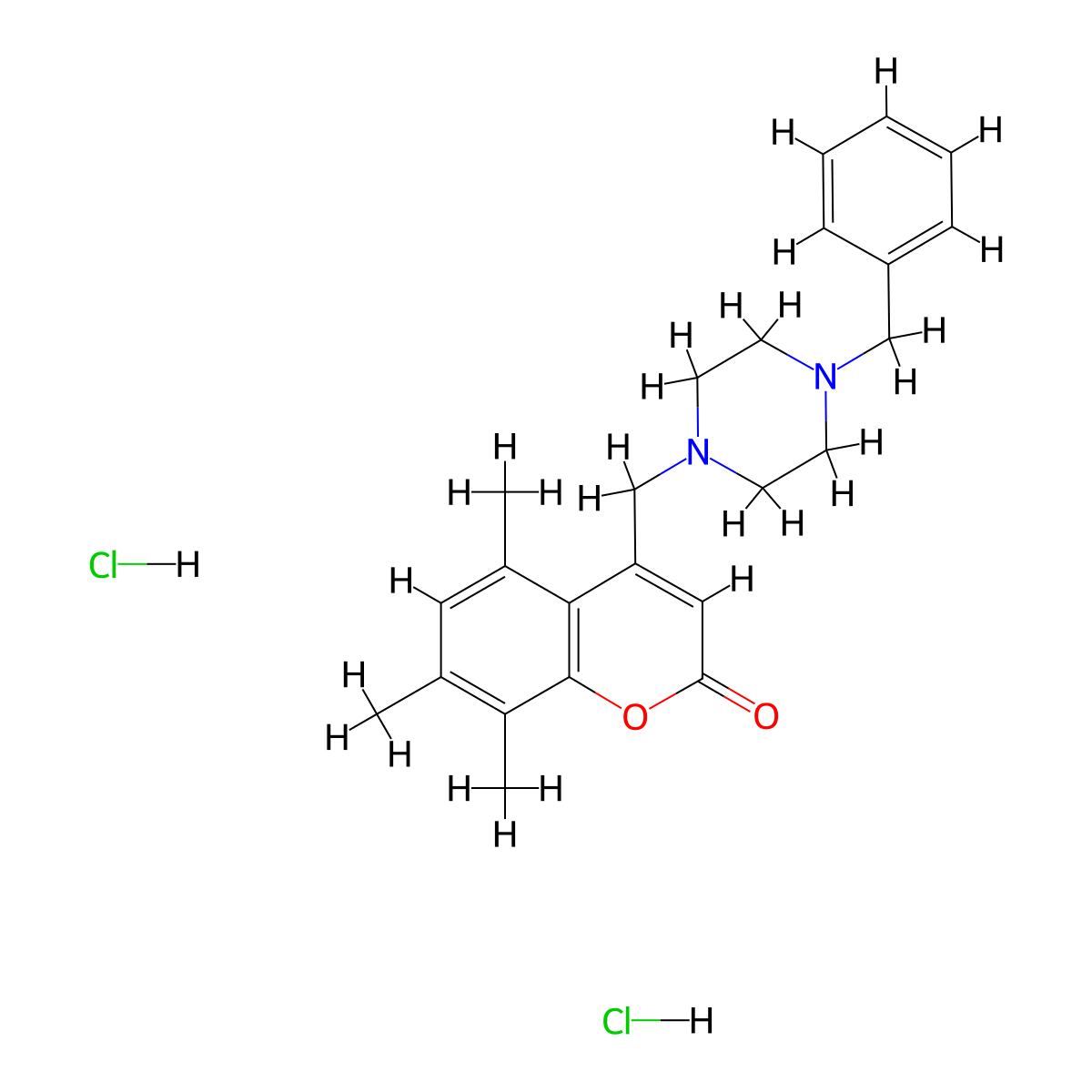 4-((4-benzylpiperazin-1-yl)methyl)-5,7,8-trimethyl-2H-chromen-2-one dihydrochloride molecular structure, CAS 1215550-40-5