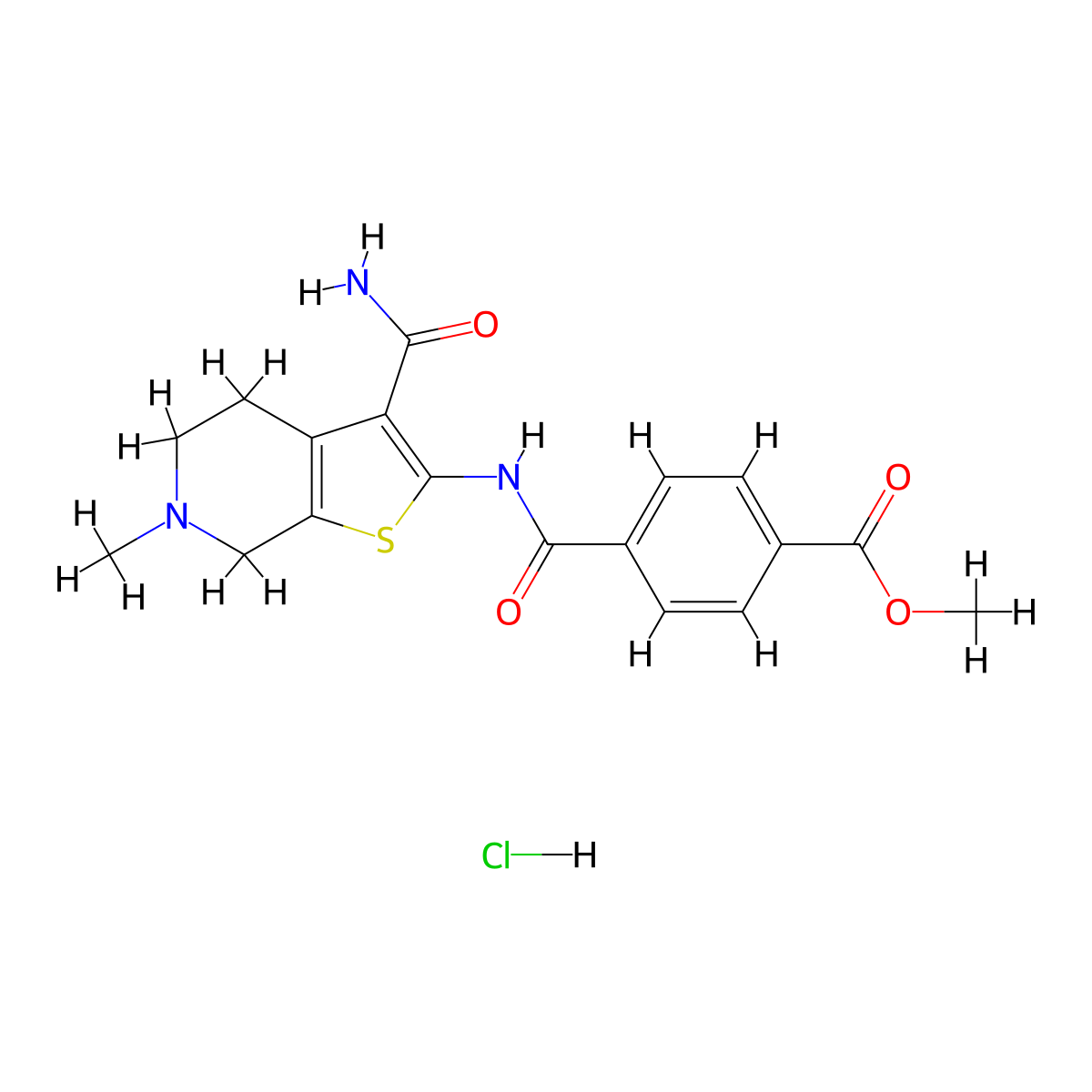 Methyl 4-((3-carbamoyl-6-methyl-4,5,6,7-tetrahydrothieno[2,3-c]pyridin-2-yl)carbamoyl)benzoate hydrochloride molecular structure, CAS 1215552-97-8