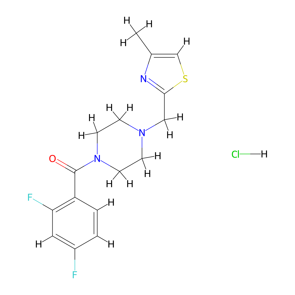 (2,4-Difluorophenyl)(4-((4-methylthiazol-2-yl)methyl)piperazin-1-yl)methanone hydrochloride molecular structure, CAS 1215556-24-3