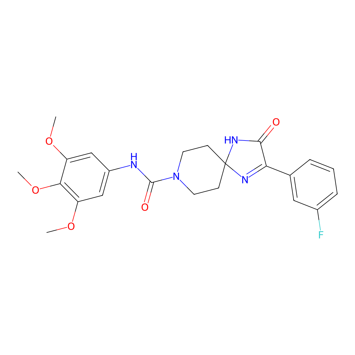 2-(3-fluorophenyl)-3-oxo-N-(3,4,5-trimethoxyphenyl)-1,4,8-triazaspiro[4.5]dec-1-ene-8-carboxamide molecular structure, CAS 1215560-49-8