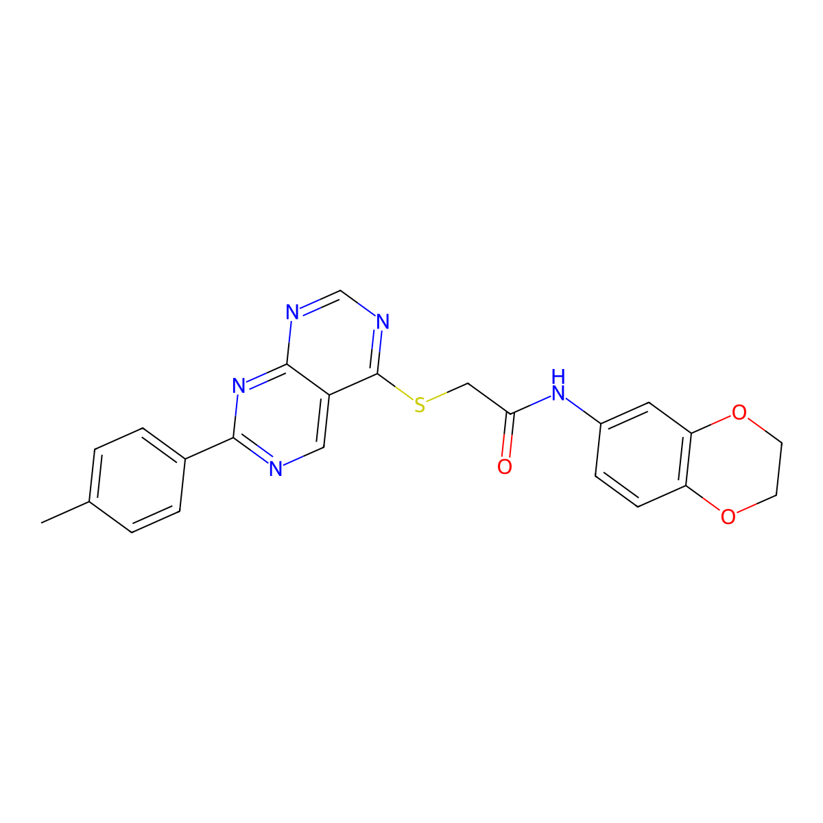 N-(2,3-dihydrobenzo[b][1,4]dioxin-6-yl)-2-((7-(p-tolyl)pyrimido[4,5-d]pyrimidin-4-yl)thio)acetamide molecular structure, CAS 1215561-00-4