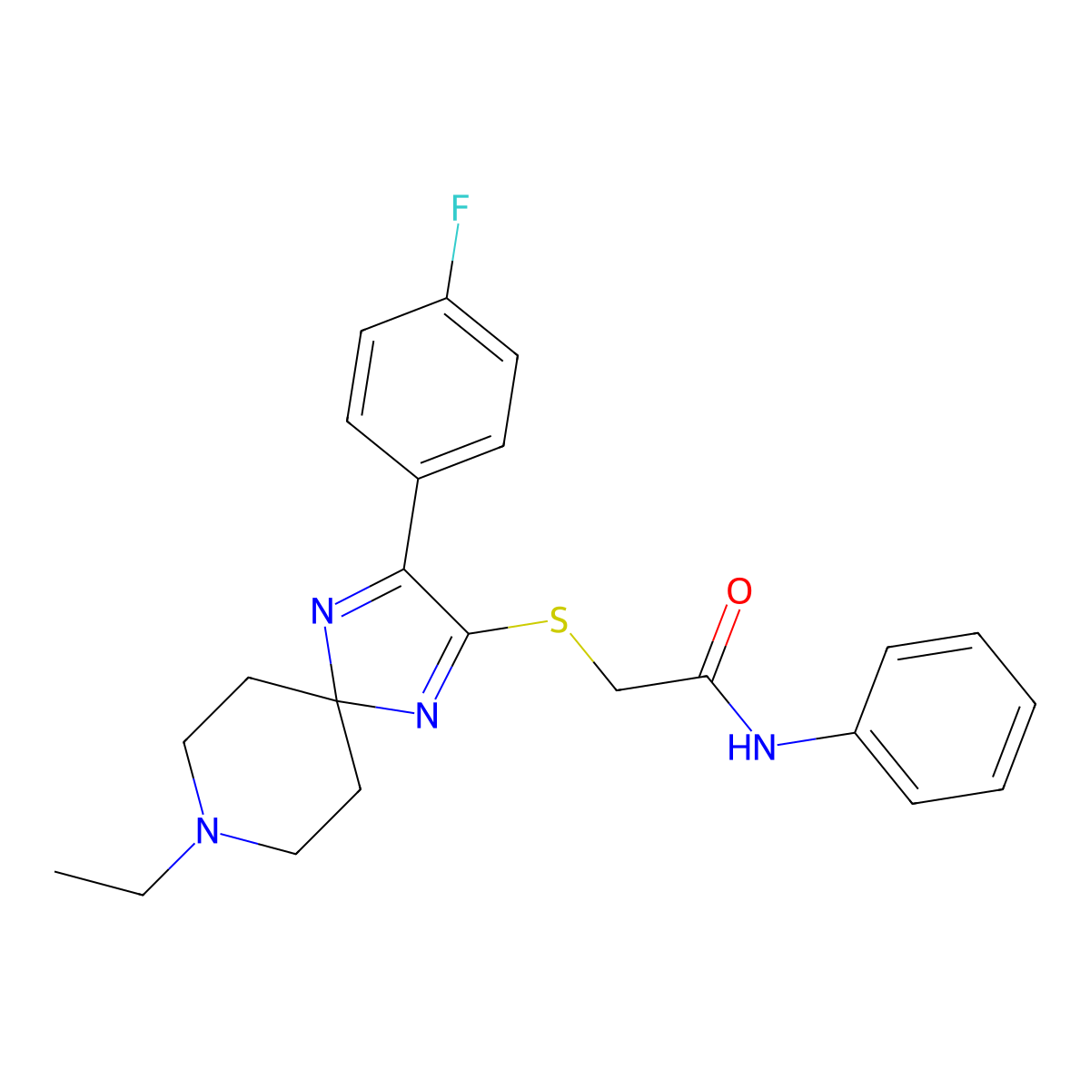 2-((8-ethyl-3-(4-fluorophenyl)-1,4,8-triazaspiro[4.5]deca-1,3-dien-2-yl)thio)-N-phenylacetamide molecular structure, CAS 1215566-64-5