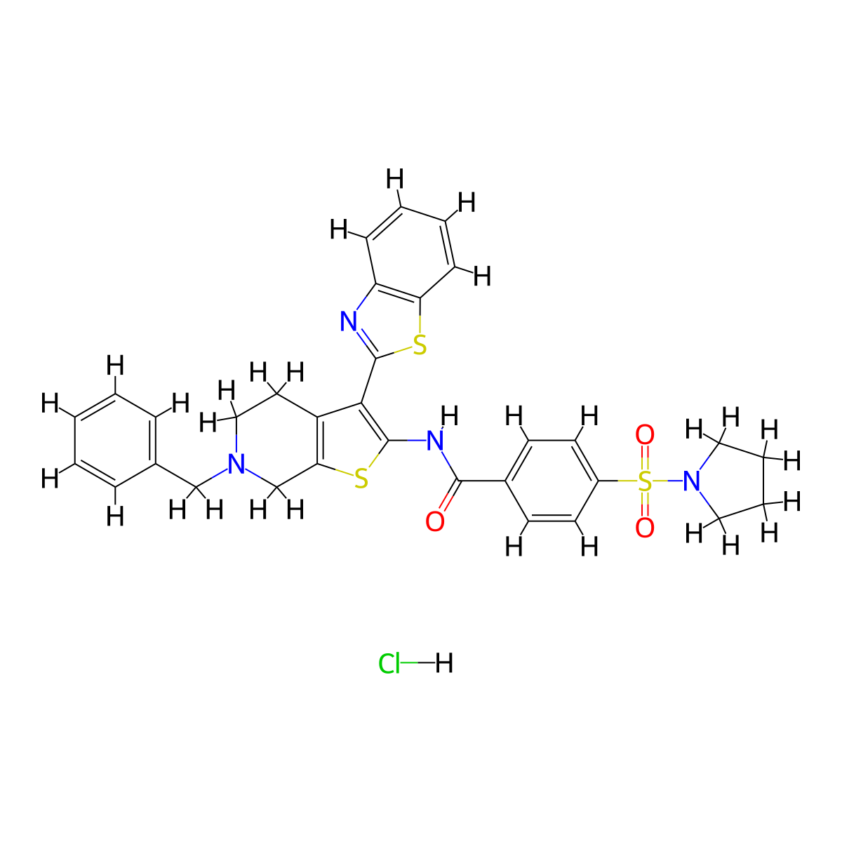 N-(3-(benzo[d]thiazol-2-yl)-6-benzyl-4,5,6,7-tetrahydrothieno[2,3-c]pyridin-2-yl)-4-(pyrrolidin-1-ylsulfonyl)benzamide hydrochloride molecular structure, CAS 1215571-78-0