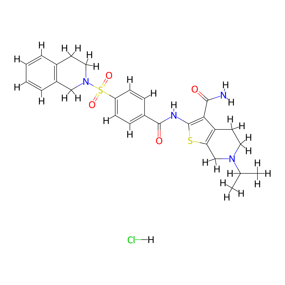 2-(4-((3,4-dihydroisoquinolin-2(1H)-yl)sulfonyl)benzamido)-6-isopropyl-4,5,6,7-tetrahydrothieno[2,3-c]pyridine-3-carboxamide hydrochloride molecular structure, CAS 1215573-28-6