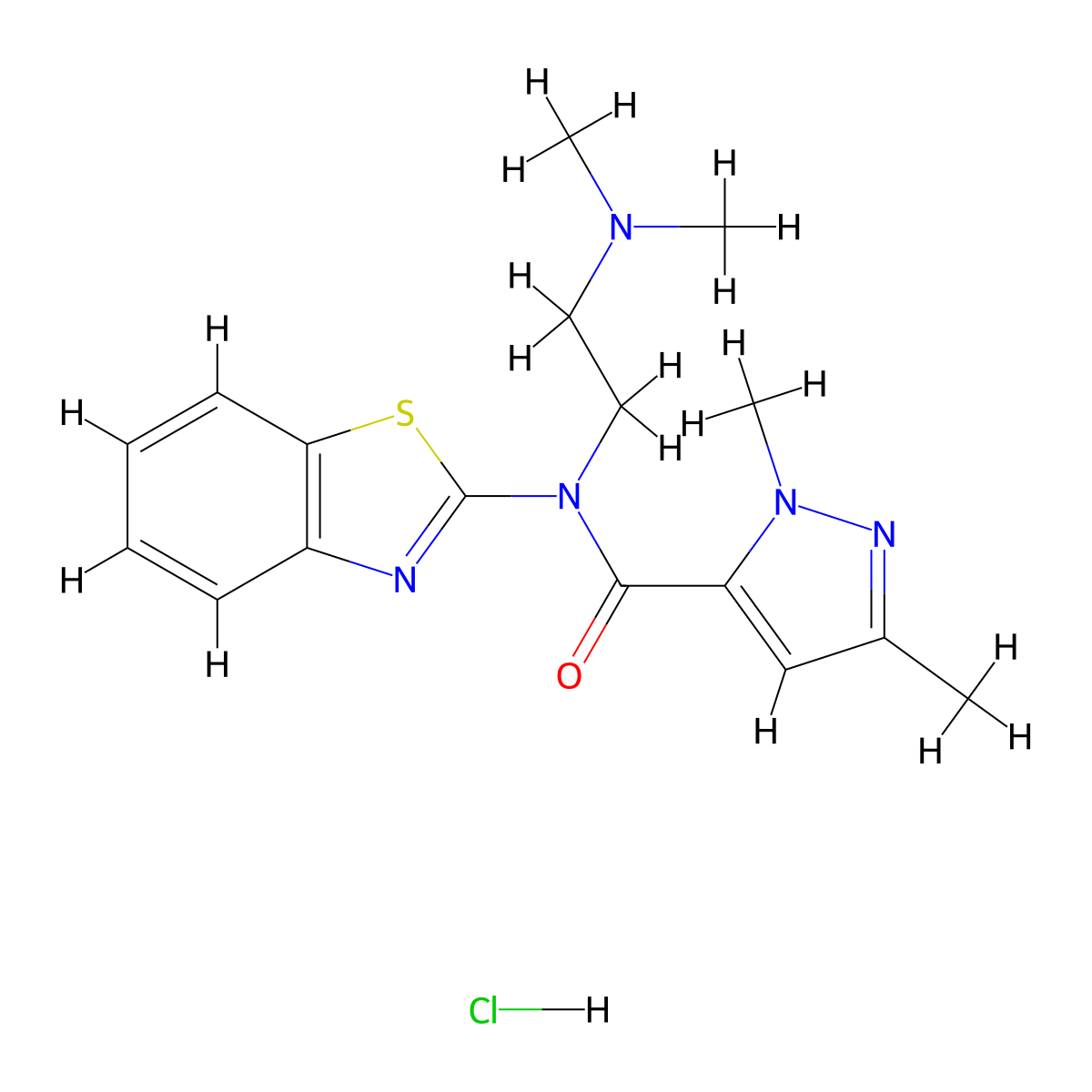 N-(benzo[d]thiazol-2-yl)-N-(2-(dimethylamino)ethyl)-1,3-dimethyl-1H-pyrazole-5-carboxamide hydrochloride molecular structure, CAS 1215574-56-3