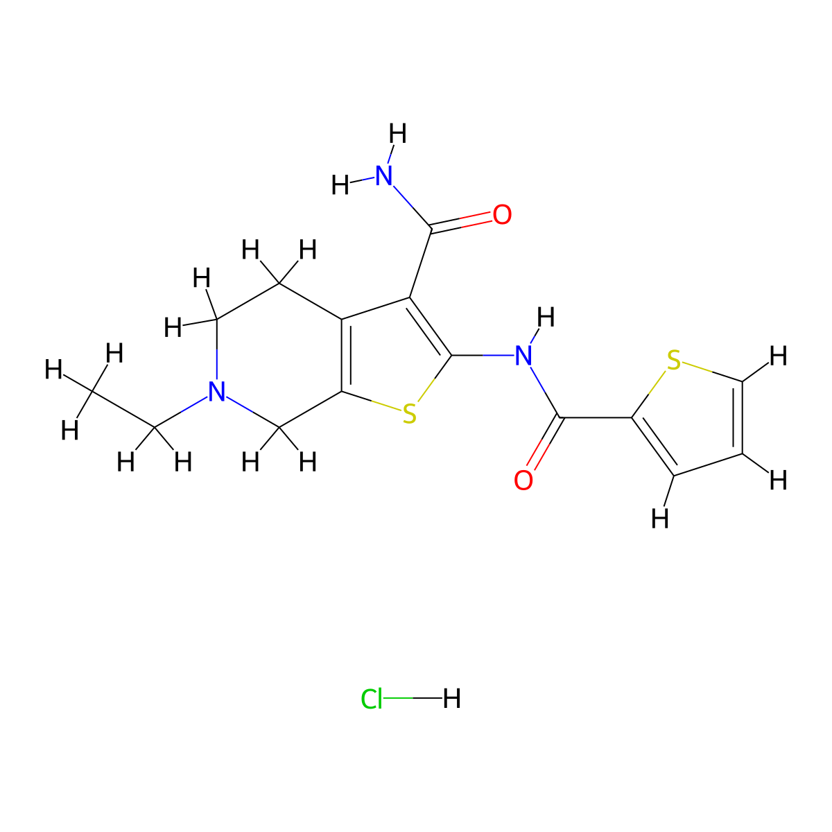 6-Ethyl-2-(thiophene-2-carboxamido)-4,5,6,7-tetrahydrothieno[2,3-c]pyridine-3-carboxamide hydrochloride molecular structure, CAS 1215575-14-6