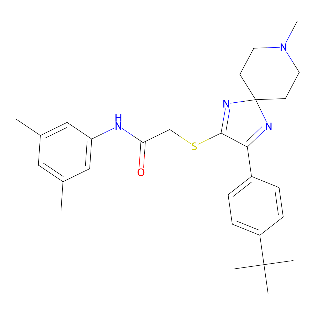 2-((3-(4-(tert-butyl)phenyl)-8-methyl-1,4,8-triazaspiro[4.5]deca-1,3-dien-2-yl)thio)-N-(3,5-dimethylphenyl)acetamide molecular structure, CAS 1215578-07-6