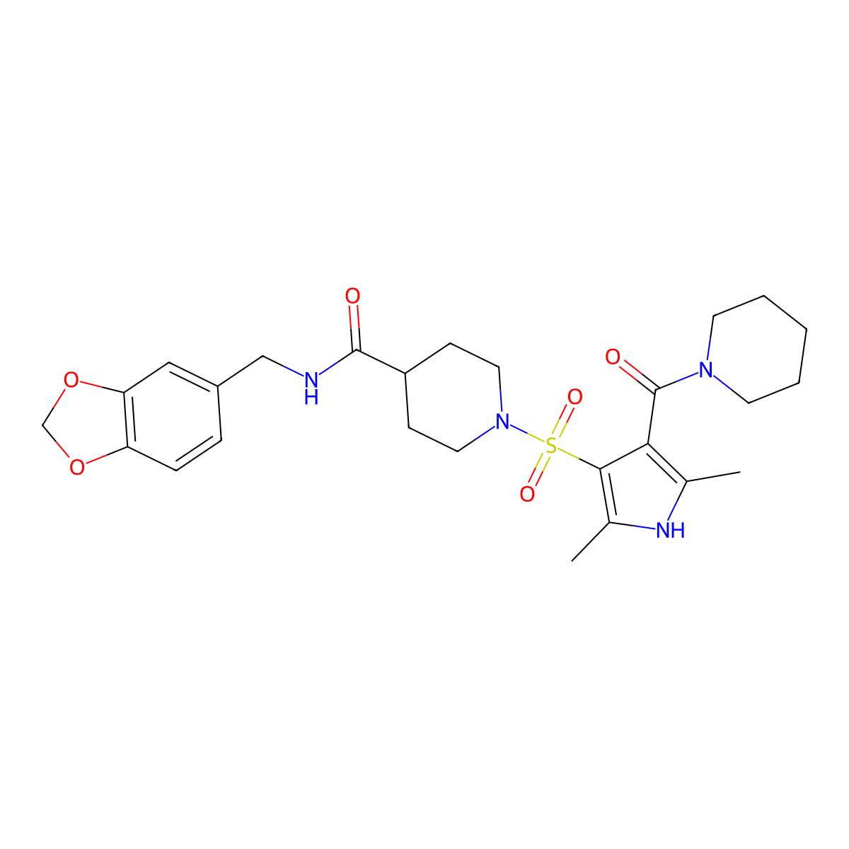 N-(1,3-benzodioxol-5-ylmethyl)-1-{[2,5-dimethyl-4-(piperidin-1-ylcarbonyl)-1H-pyrrol-3-yl]sulfonyl}piperidine-4-carboxamide molecular structure, CAS 1215582-83-4