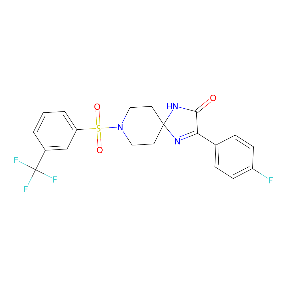 3-(4-Fluorophenyl)-8-[3-(trifluoromethyl)benzenesulfonyl]-1,4,8-triazaspiro[4.5]dec-3-en-2-one molecular structure, CAS 1215593-15-9