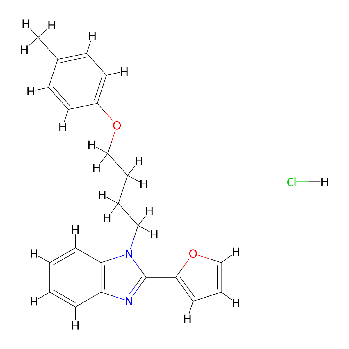 2-(furan-2-yl)-1-(4-(p-tolyloxy)butyl)-1H-benzo[d]imidazole hydrochloride molecular structure, CAS 1215595-23-5