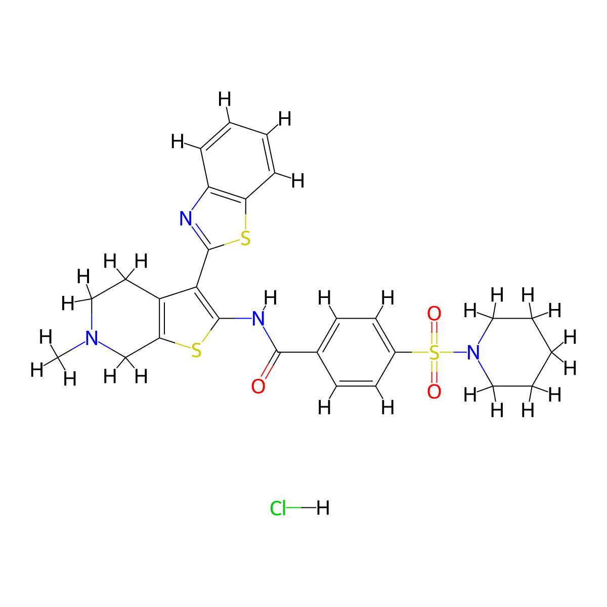 N-(3-(benzo[d]thiazol-2-yl)-6-methyl-4,5,6,7-tetrahydrothieno[2,3-c]pyridin-2-yl)-4-(piperidin-1-ylsulfonyl)benzamide hydrochloride molecular structure, CAS 1215595-29-1