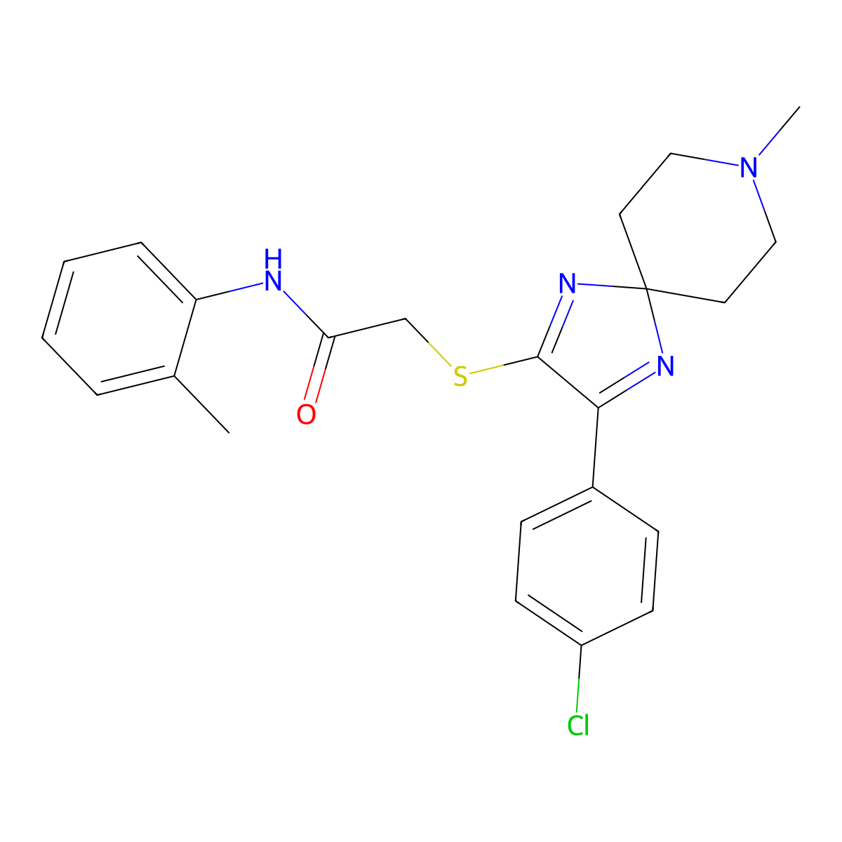 2-((3-(4-chlorophenyl)-8-methyl-1,4,8-triazaspiro[4.5]deca-1,3-dien-2-yl)thio)-N-(o-tolyl)acetamide molecular structure, CAS 1215596-20-5