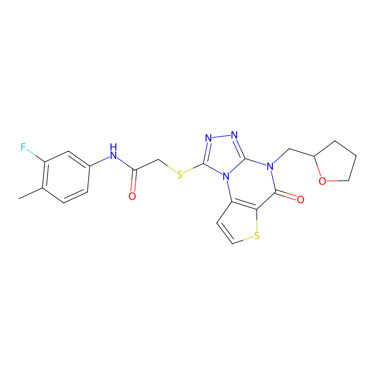N-(3-fluoro-4-methylphenyl)-2-({7-oxo-8-[(oxolan-2-yl)methyl]-5-thia-1,8,10,11-tetraazatricyclo[7.3.0.0^{2,6}]dodeca-2(6),3,9,11-tetraen-12-yl}sulfanyl)acetamide molecular structure, CAS 1215596-56-7