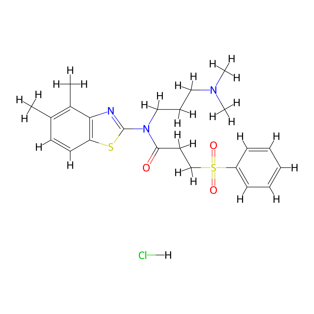 N-(3-(dimethylamino)propyl)-N-(4,5-dimethylbenzo[d]thiazol-2-yl)-3-(phenylsulfonyl)propanamide hydrochloride molecular structure, CAS 1215597-35-5