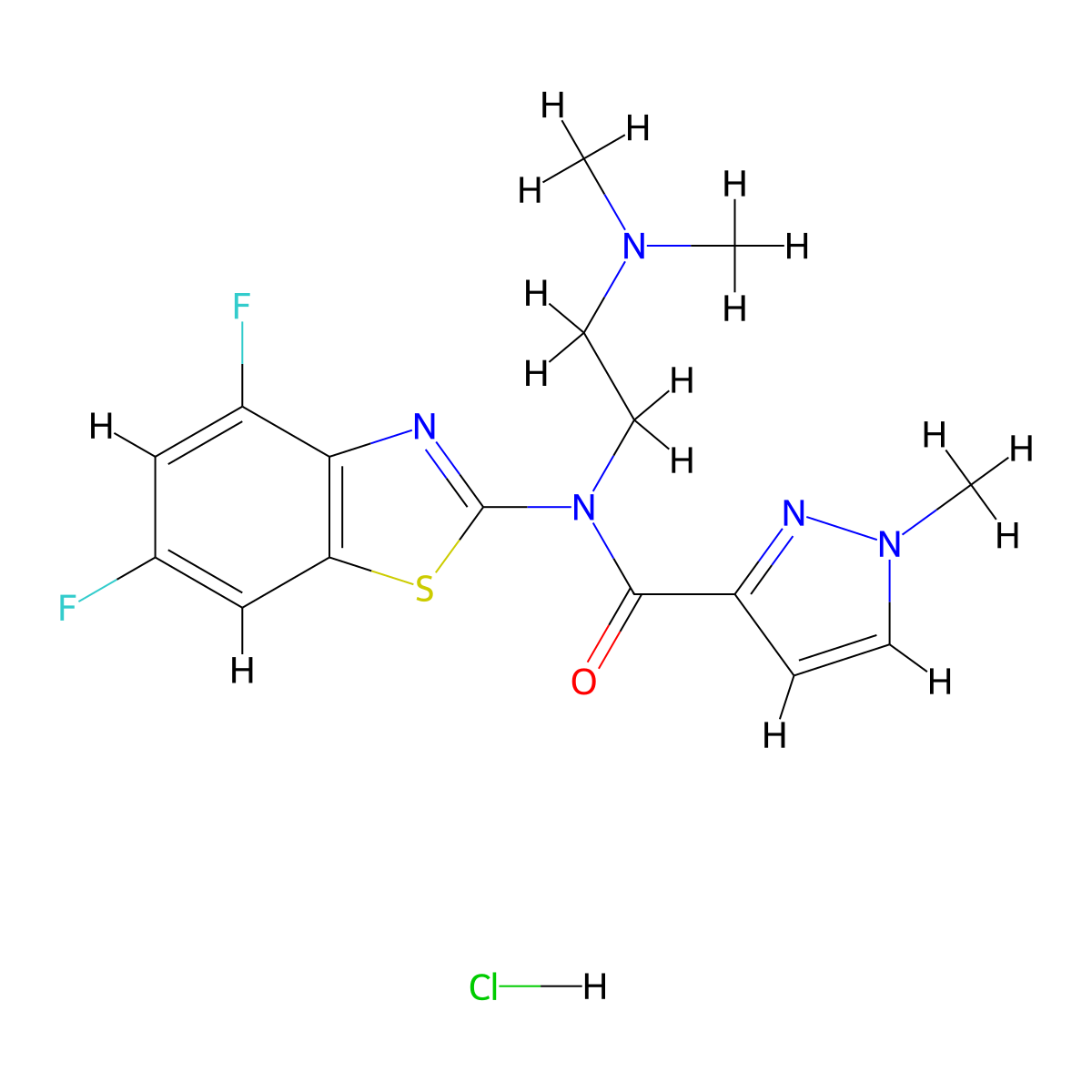 N-(4,6-difluorobenzo[d]thiazol-2-yl)-N-(2-(dimethylamino)ethyl)-1-methyl-1H-pyrazole-3-carboxamide hydrochloride molecular structure, CAS 1215597-41-3