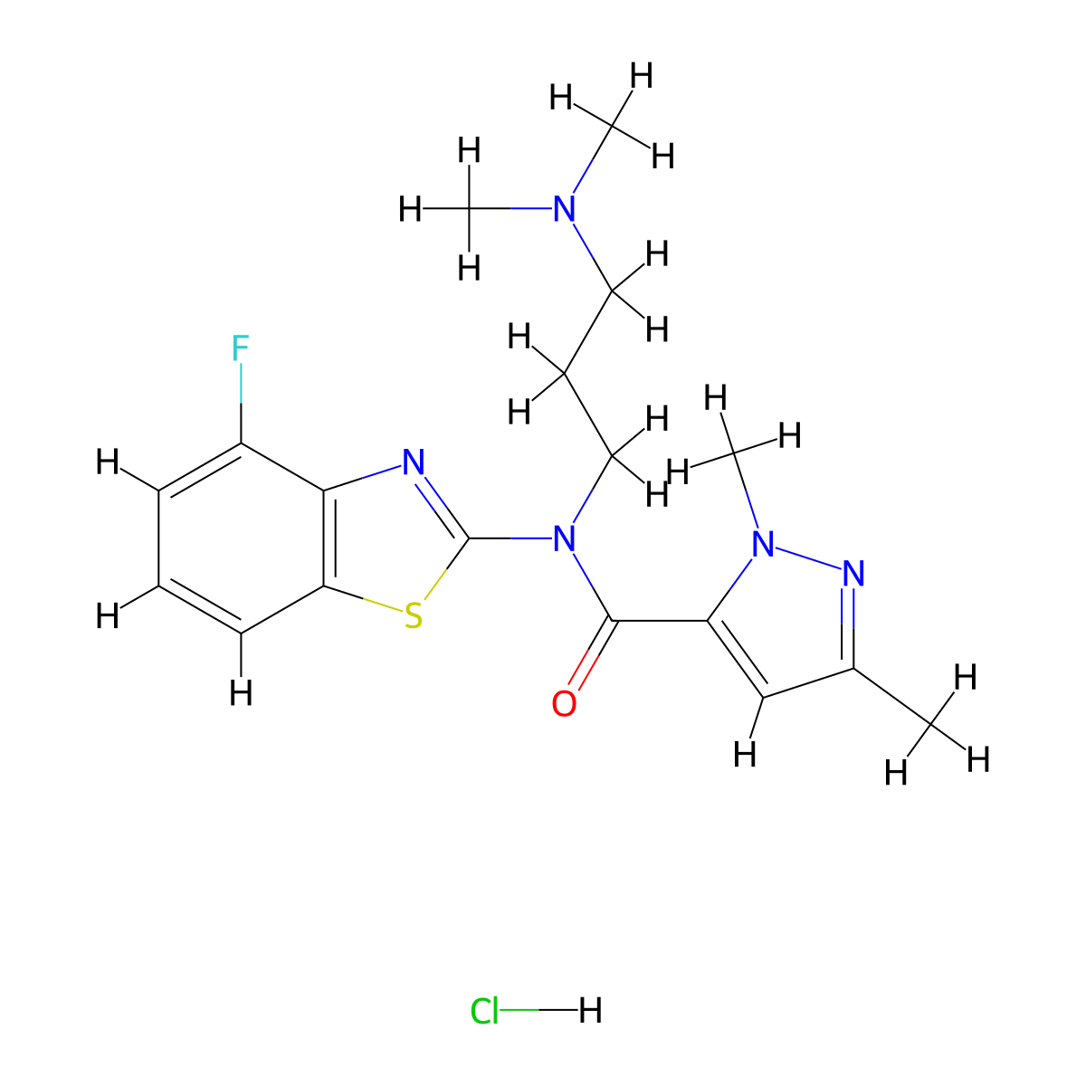 N-(3-(dimethylamino)propyl)-N-(4-fluorobenzo[d]thiazol-2-yl)-1,3-dimethyl-1H-pyrazole-5-carboxamide hydrochloride molecular structure, CAS 1215604-51-5