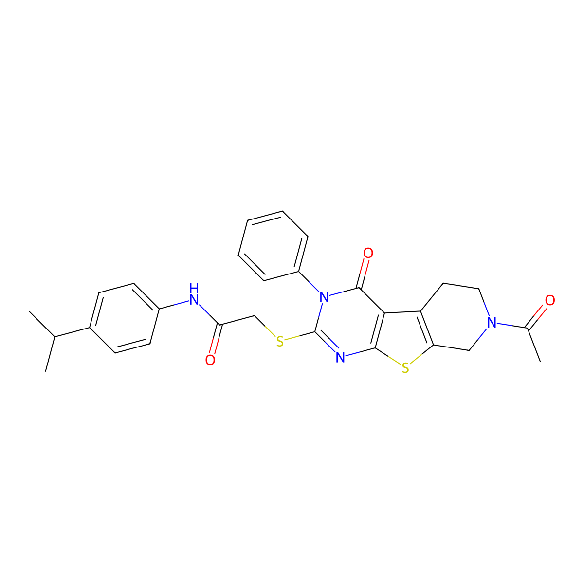 2-({11-acetyl-3-oxo-4-phenyl-8-thia-4,6,11-triazatricyclo[7.4.0.0^{2,7}]trideca-1(9),2(7),5-trien-5-yl}sulfanyl)-N-[4-(propan-2-yl)phenyl]acetamide molecular structure, CAS 1215611-82-7