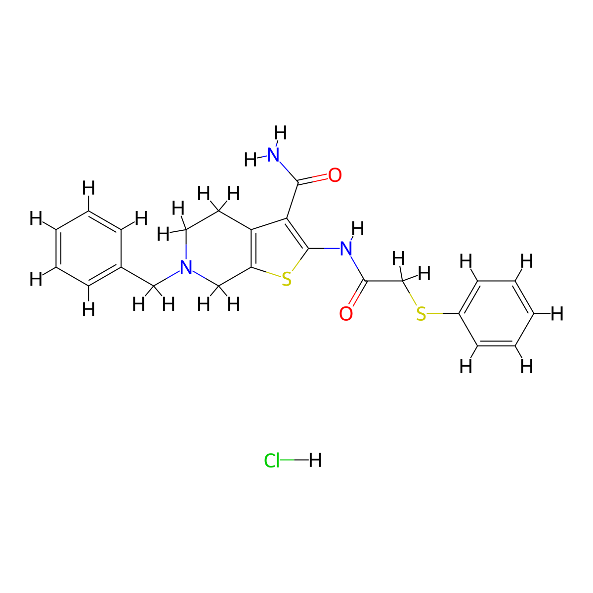 6-Benzyl-2-(2-(phenylthio)acetamido)-4,5,6,7-tetrahydrothieno[2,3-c]pyridine-3-carboxamide hydrochloride molecular structure, CAS 1215621-57-0