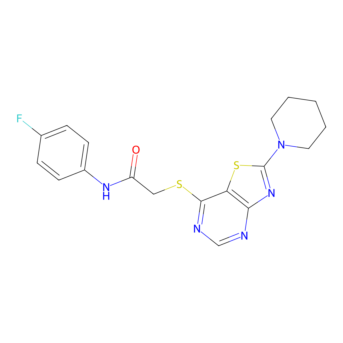 N-(4-fluorophenyl)-2-((2-(piperidin-1-yl)thiazolo[4,5-d]pyrimidin-7-yl)thio)acetamide molecular structure, CAS 1215622-17-5