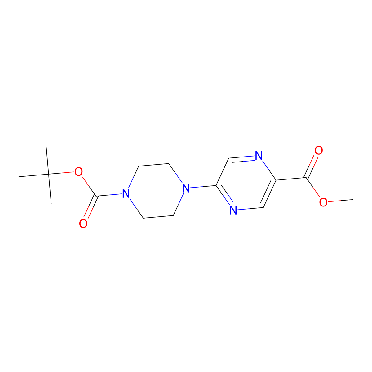 Methyl 5-(4-(tert-butoxycarbonyl)piperazin-1-yl)pyrazine-2-carboxylate molecular structure, CAS 1215626-40-6