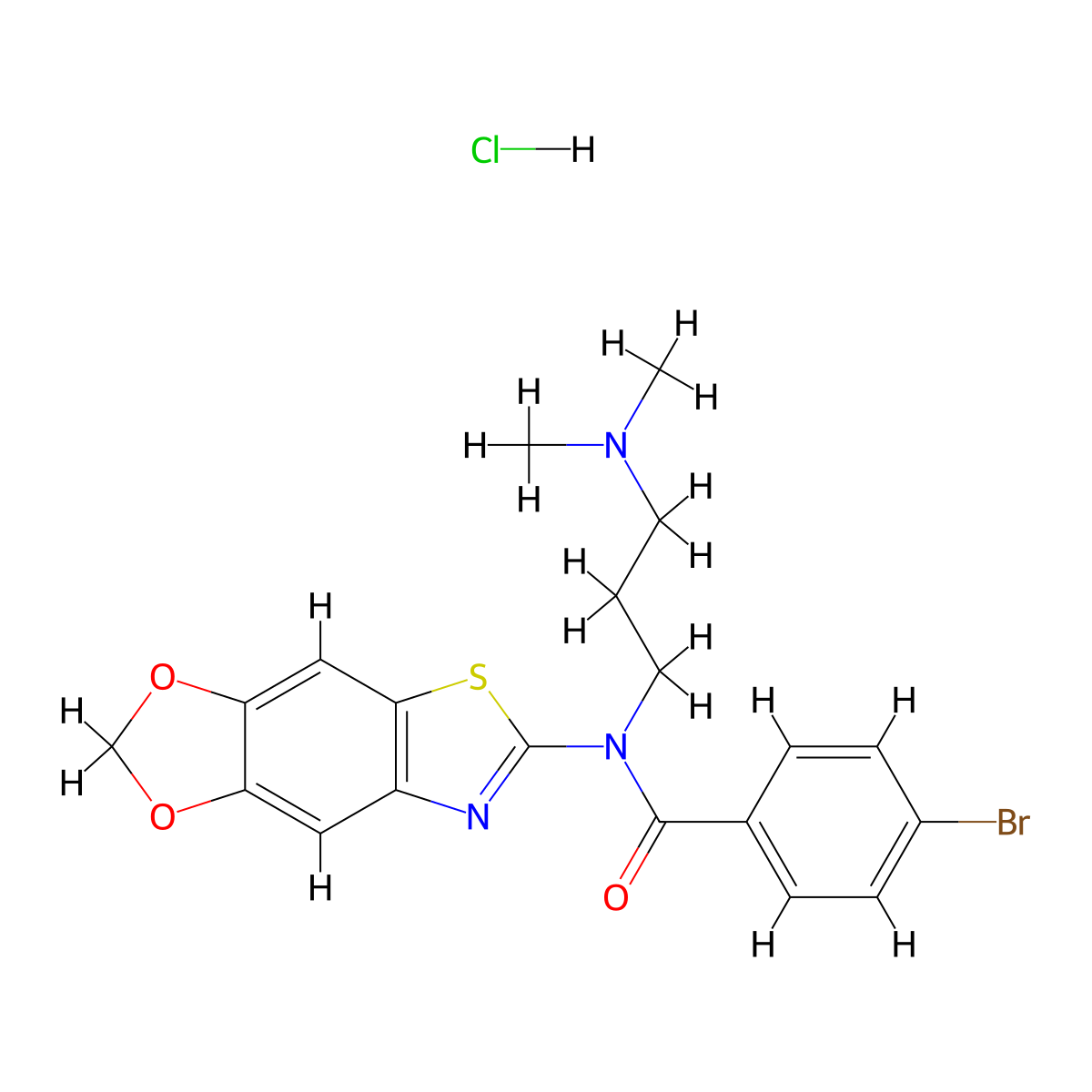 4-bromo-N-[3-(dimethylamino)propyl]-N-{4,6-dioxa-10-thia-12-azatricyclo[7.3.0.0^{3,7}]dodeca-1(9),2,7,11-tetraen-11-yl}benzamide hydrochloride molecular structure, CAS 1215628-64-0