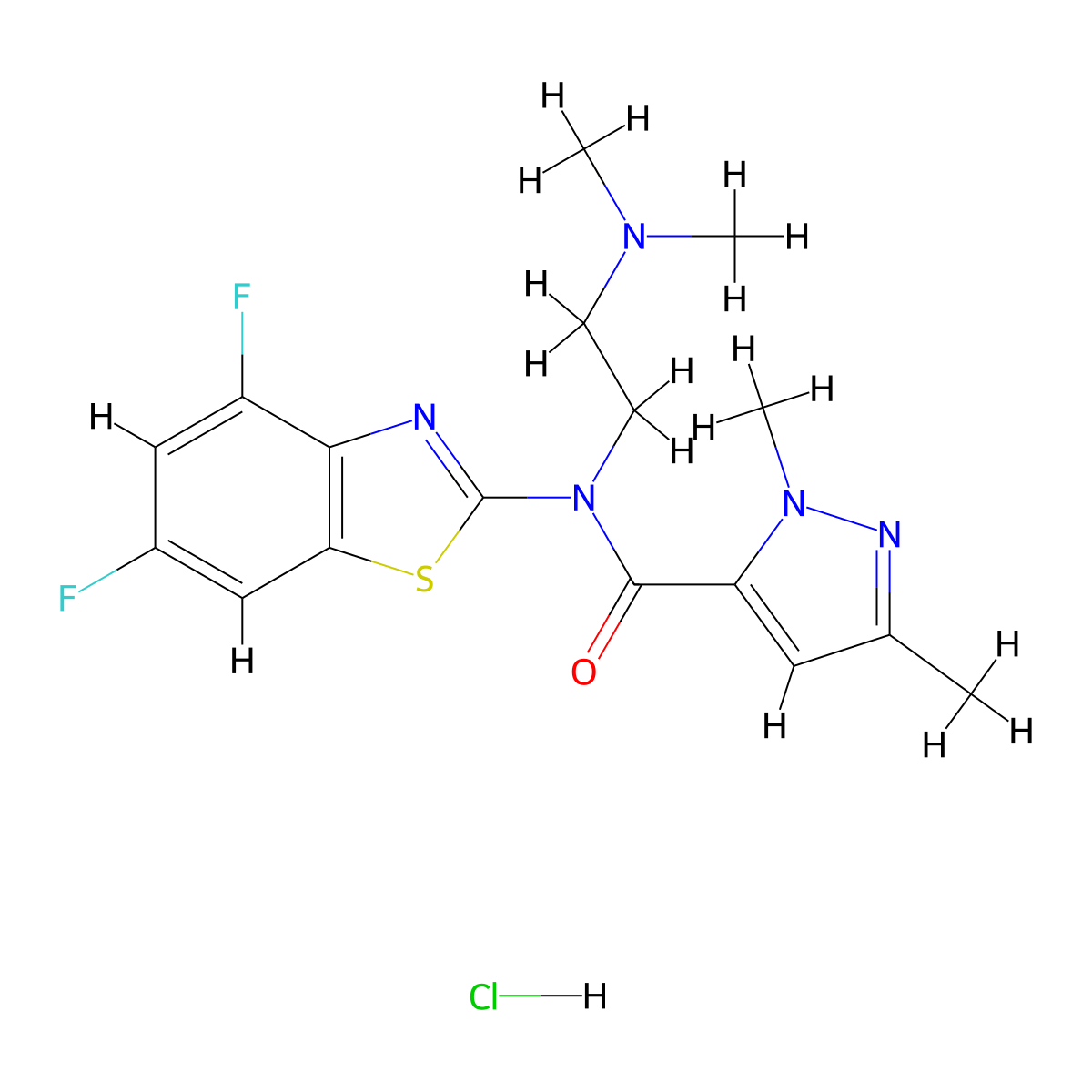 N-(4,6-difluorobenzo[d]thiazol-2-yl)-N-(2-(dimethylamino)ethyl)-1,3-dimethyl-1H-pyrazole-5-carboxamide hydrochloride molecular structure, CAS 1215628-92-4
