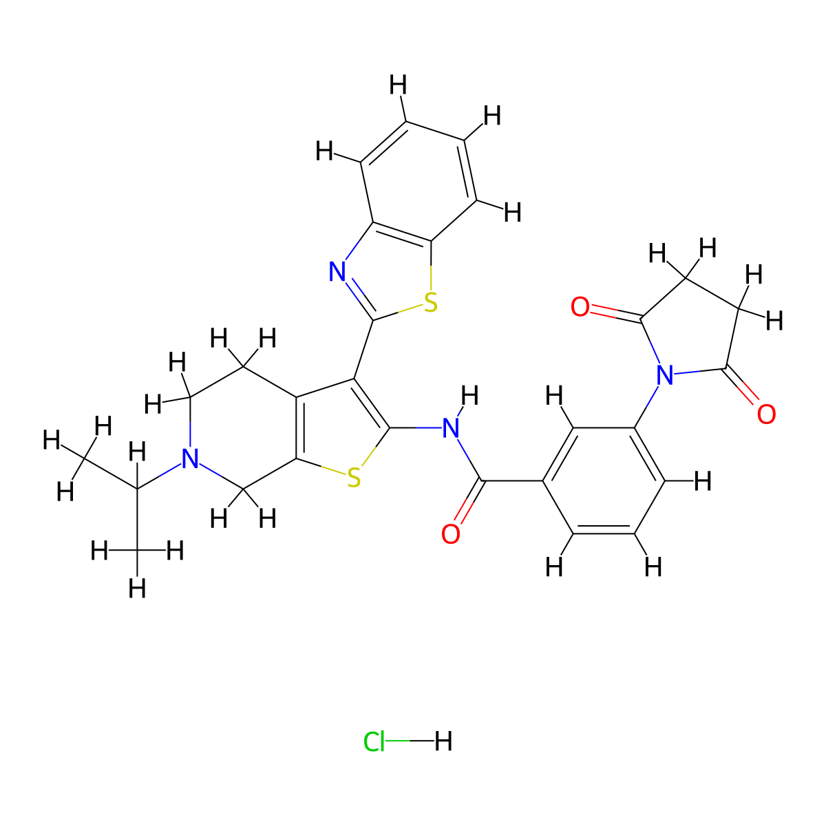 N-(3-(benzo[d]thiazol-2-yl)-6-isopropyl-4,5,6,7-tetrahydrothieno[2,3-c]pyridin-2-yl)-3-(2,5-dioxopyrrolidin-1-yl)benzamide hydrochloride molecular structure, CAS 1215631-24-5