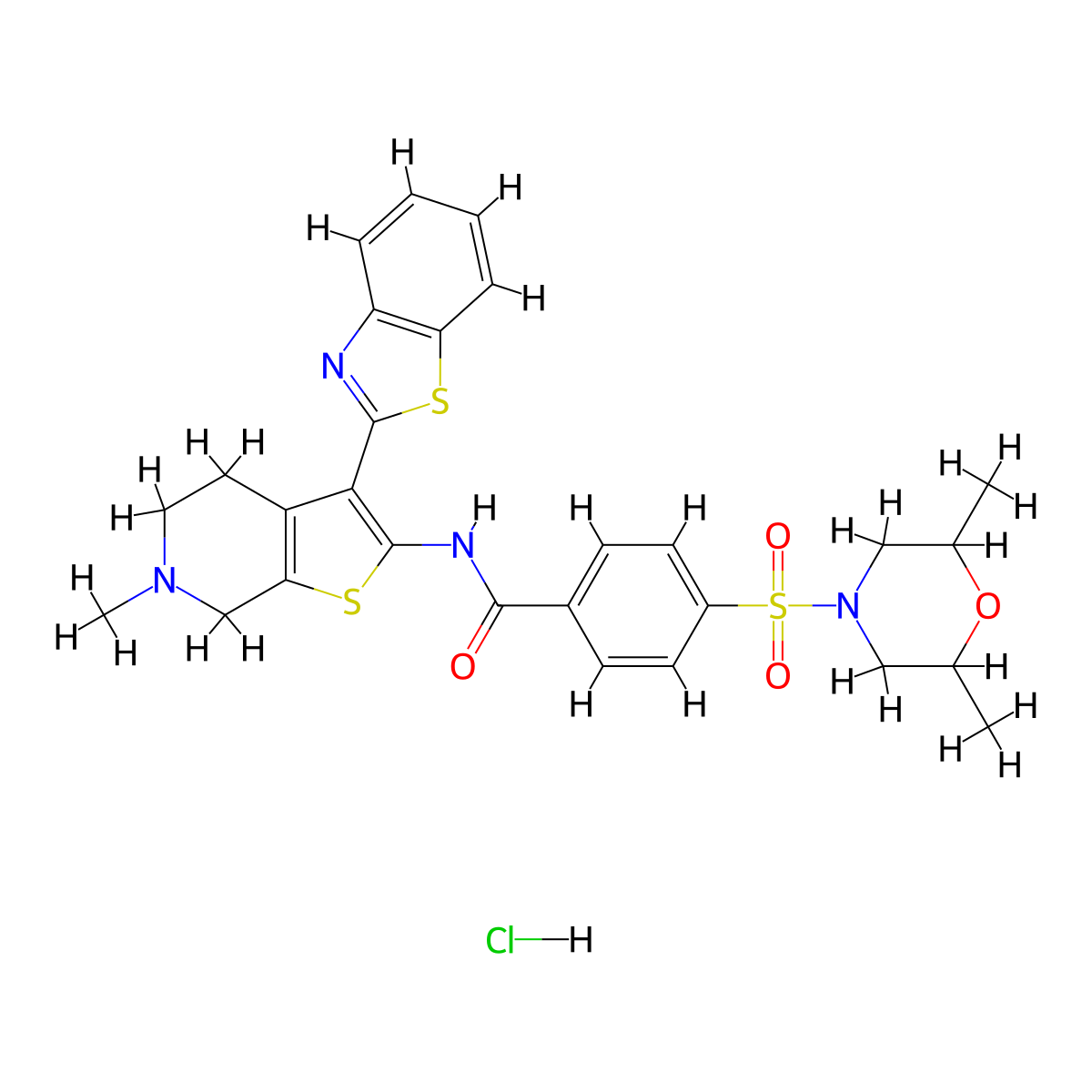 N-[3-(1,3-benzothiazol-2-yl)-6-methyl-4H,5H,6H,7H-thieno[2,3-c]pyridin-2-yl]-4-[(2,6-dimethylmorpholin-4-yl)sulfonyl]benzamide hydrochloride molecular structure, CAS 1215632-34-0