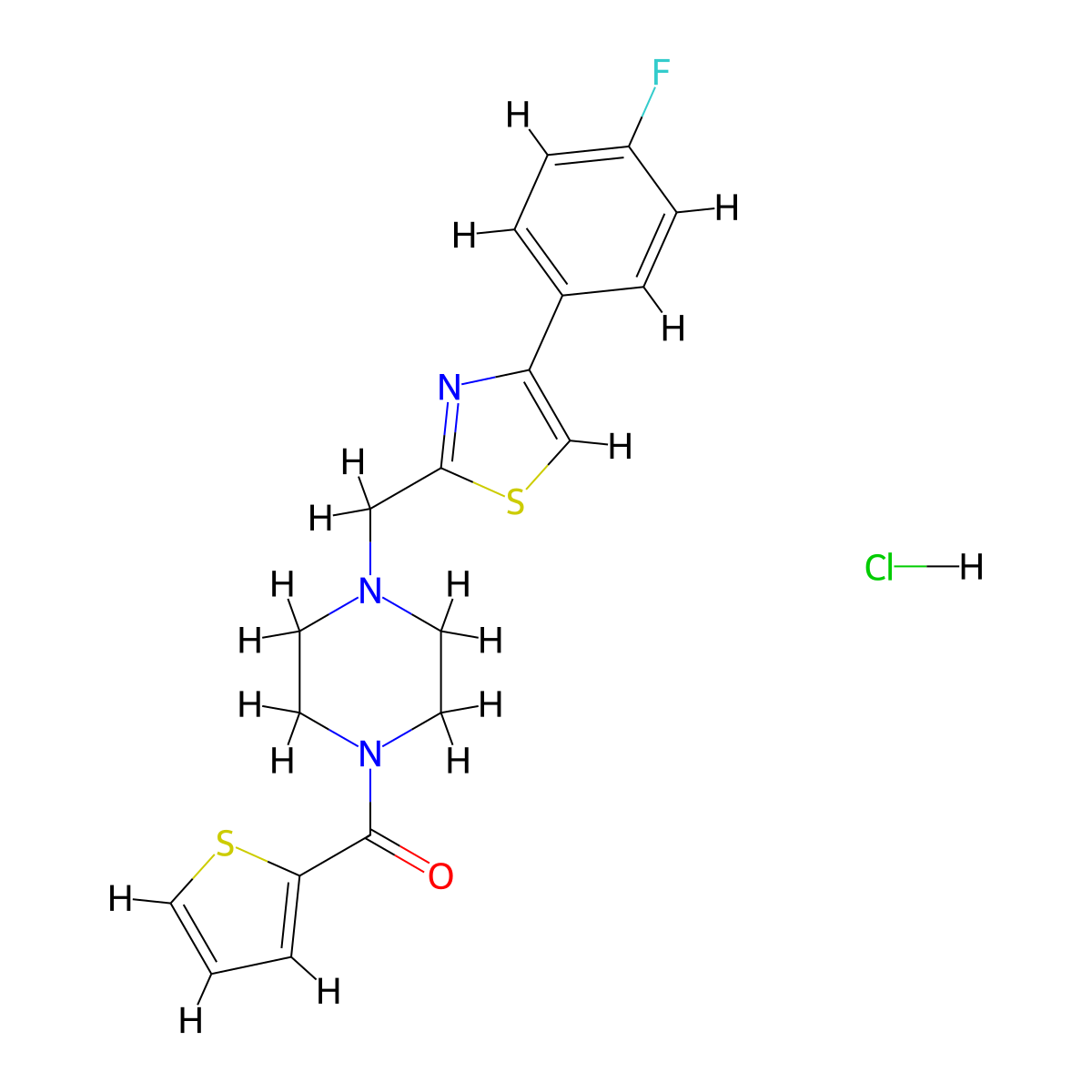 (4-((4-(4-Fluorophenyl)thiazol-2-yl)methyl)piperazin-1-yl)(thiophen-2-yl)methanone hydrochloride molecular structure, CAS 1215633-40-1