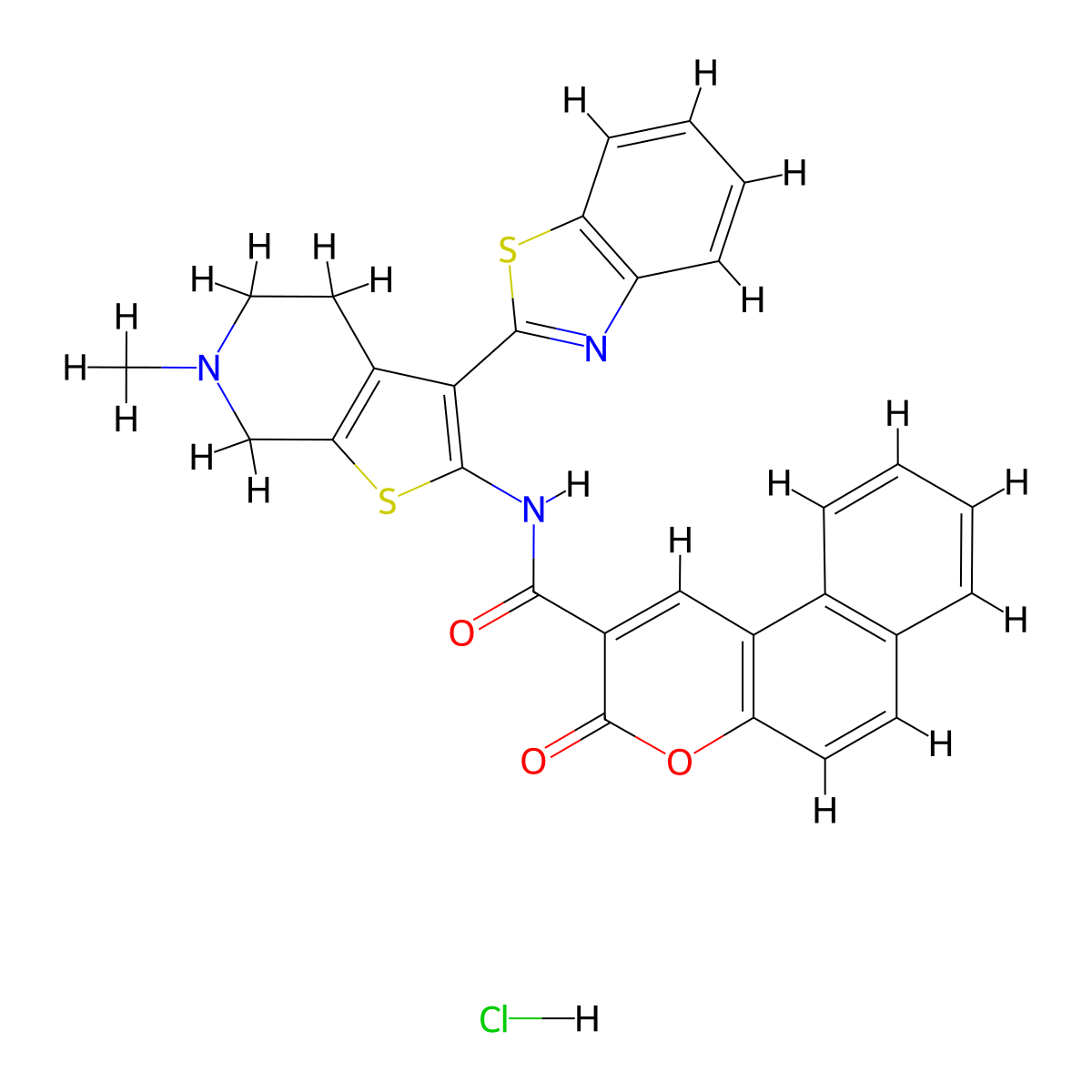 N-(3-(benzo[d]thiazol-2-yl)-6-methyl-4,5,6,7-tetrahydrothieno[2,3-c]pyridin-2-yl)-3-oxo-3H-benzo[f]chromene-2-carboxamide hydrochloride molecular structure, CAS 1215642-59-3