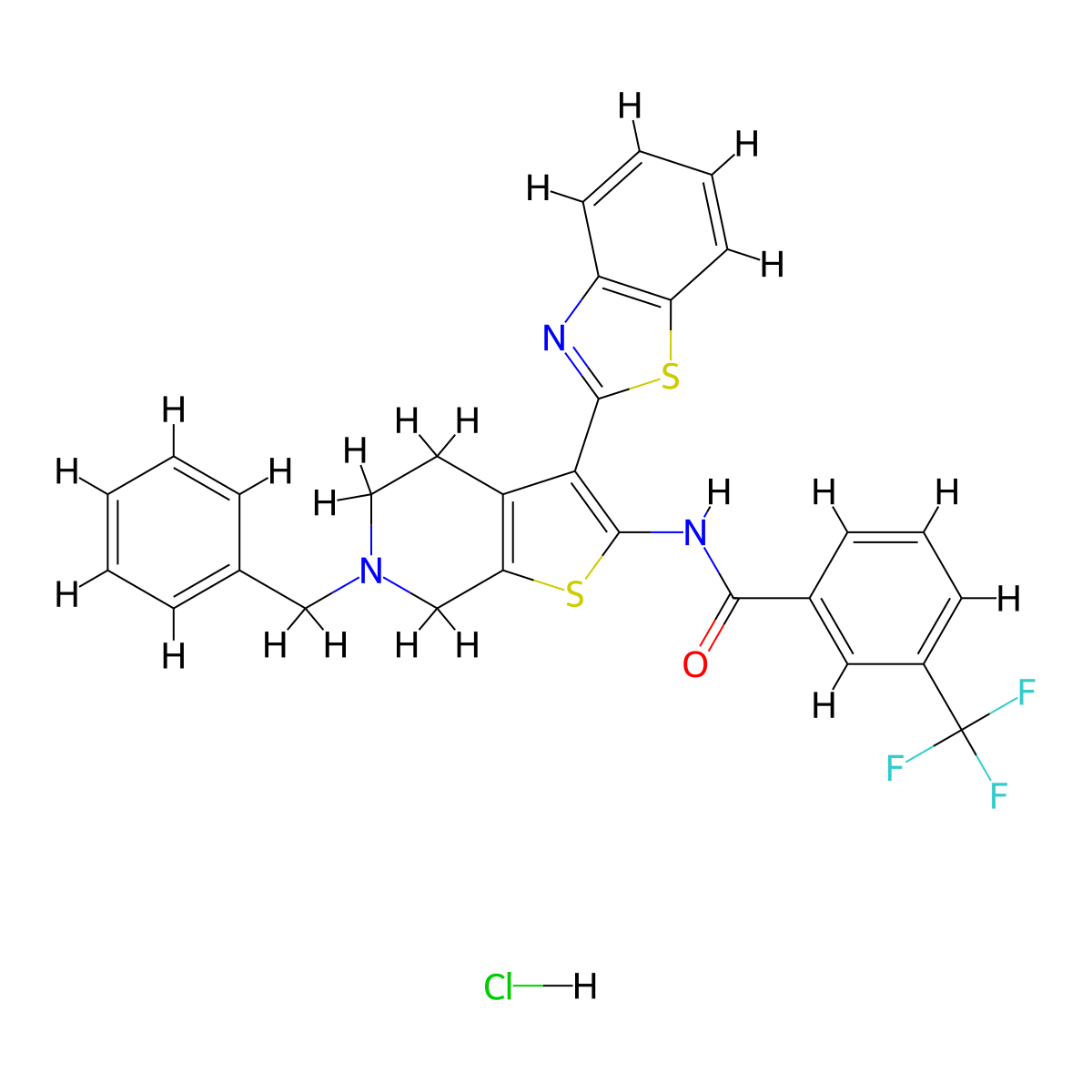 N-(3-(benzo[d]thiazol-2-yl)-6-benzyl-4,5,6,7-tetrahydrothieno[2,3-c]pyridin-2-yl)-3-(trifluoromethyl)benzamide hydrochloride molecular structure, CAS 1215645-75-2