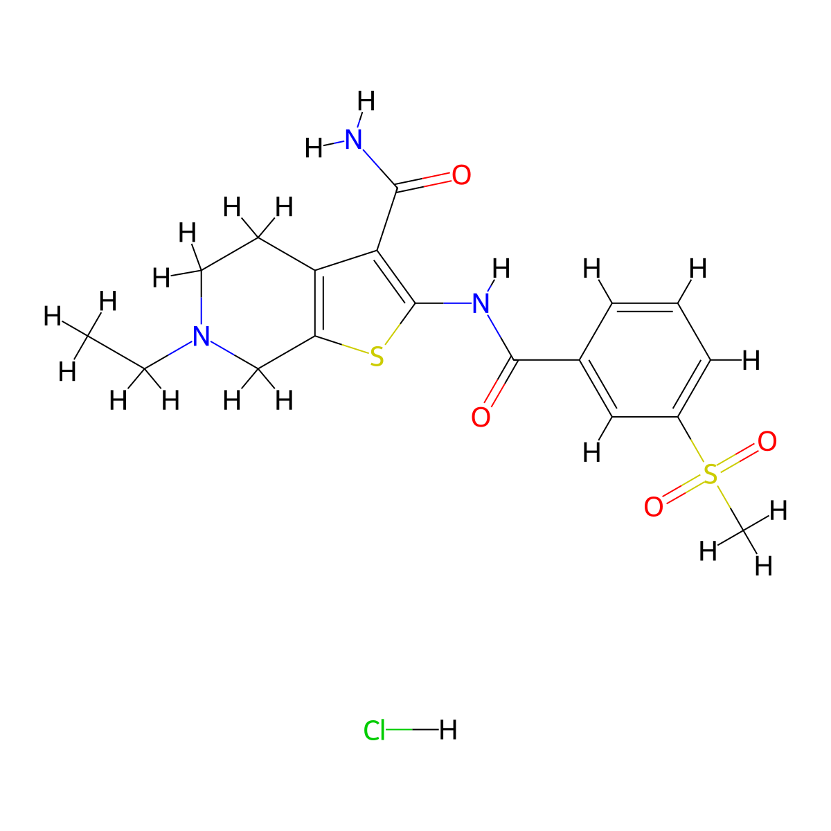 6-Ethyl-2-(3-(methylsulfonyl)benzamido)-4,5,6,7-tetrahydrothieno[2,3-c]pyridine-3-carboxamide hydrochloride molecular structure, CAS 1215649-82-3
