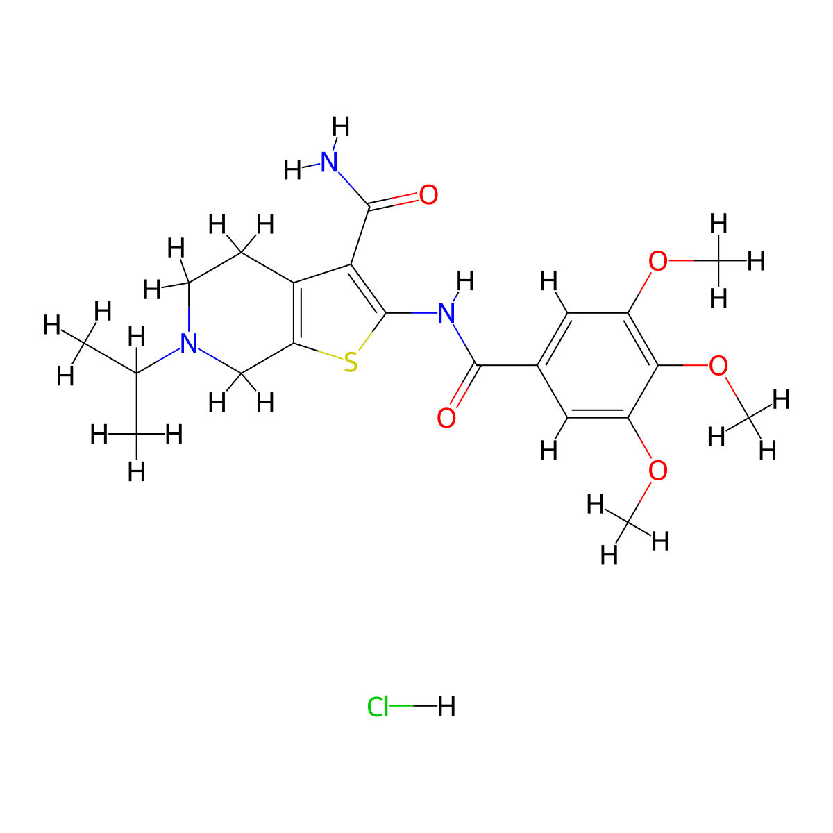 6-Isopropyl-2-(3,4,5-trimethoxybenzamido)-4,5,6,7-tetrahydrothieno[2,3-c]pyridine-3-carboxamide hydrochloride molecular structure, CAS 1215650-20-6