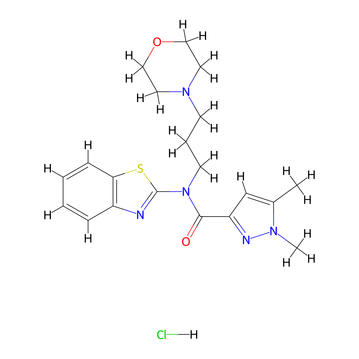 N-(benzo[d]thiazol-2-yl)-1,5-dimethyl-N-(3-morpholinopropyl)-1H-pyrazole-3-carboxamide hydrochloride molecular structure, CAS 1215654-81-1