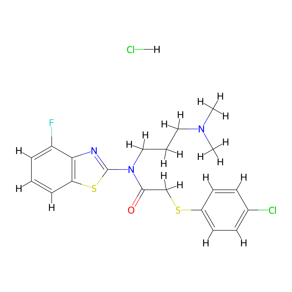 2-((4-chlorophenyl)thio)-N-(3-(dimethylamino)propyl)-N-(4-fluorobenzo[d]thiazol-2-yl)acetamide hydrochloride molecular structure, CAS 1215655-50-7