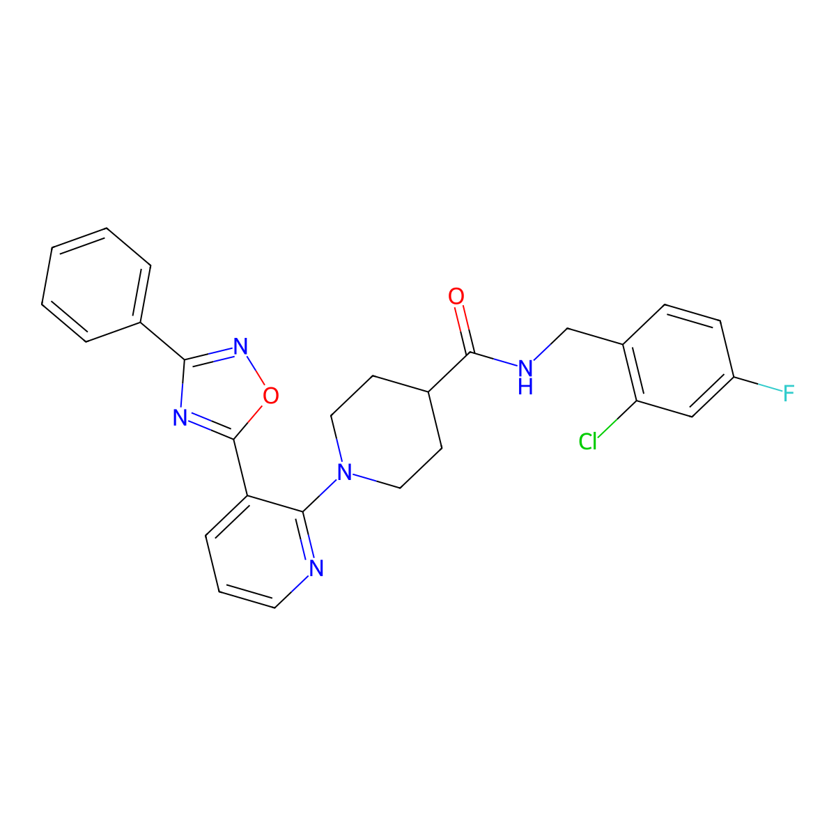 N-(2-chloro-4-fluorobenzyl)-1-(3-(3-phenyl-1,2,4-oxadiazol-5-yl)pyridin-2-yl)piperidine-4-carboxamide molecular structure, CAS 1215657-12-7