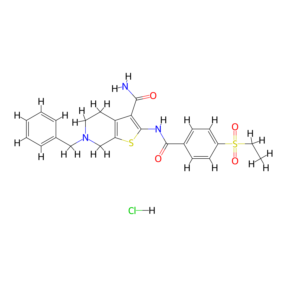 6-Benzyl-2-(4-(ethylsulfonyl)benzamido)-4,5,6,7-tetrahydrothieno[2,3-c]pyridine-3-carboxamide hydrochloride molecular structure, CAS 1215661-07-6