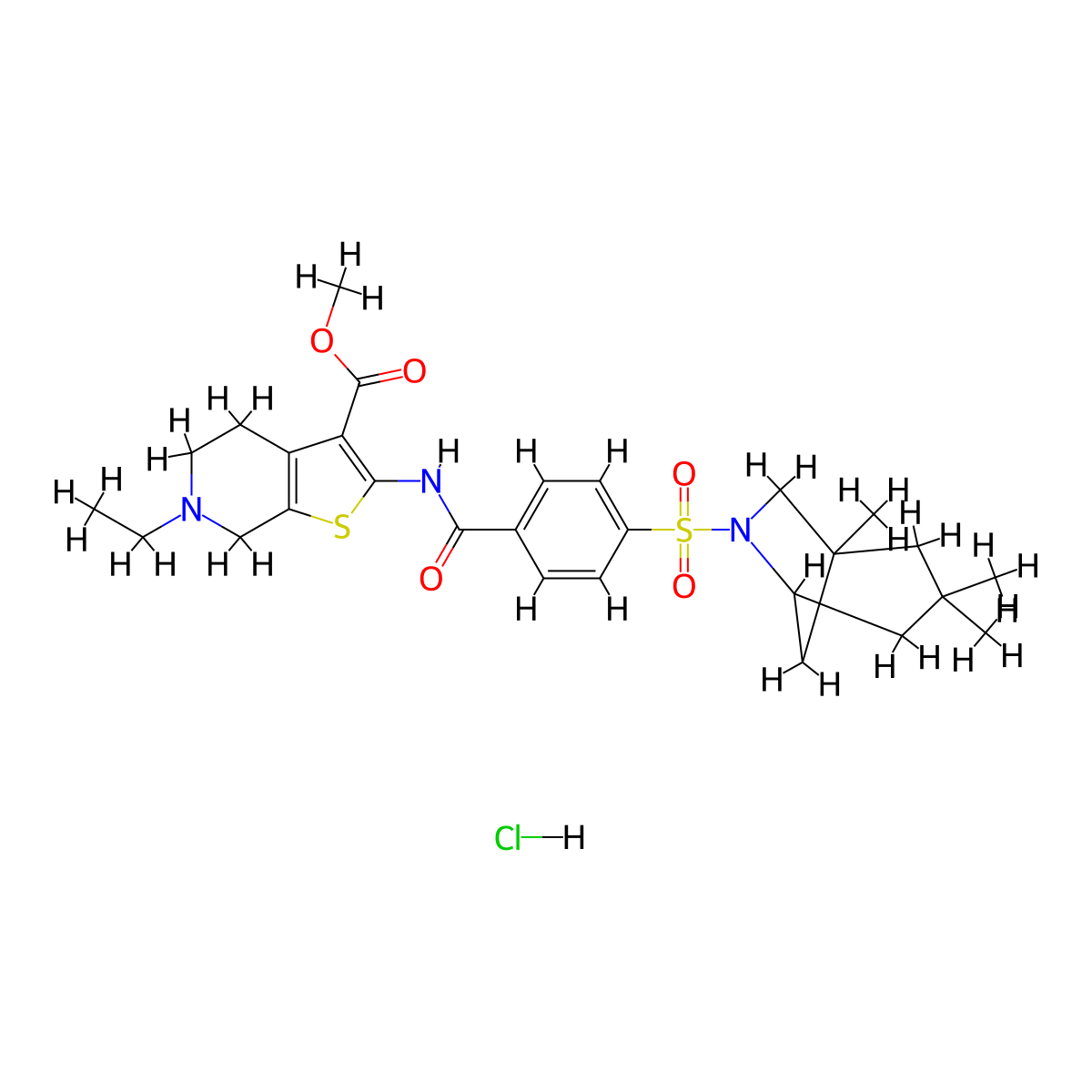 Methyl 6-ethyl-2-(4-((1,3,3-trimethyl-6-azabicyclo[3.2.1]octan-6-yl)sulfonyl)benzamido)-4,5,6,7-tetrahydrothieno[2,3-c]pyridine-3-carboxylate hydrochloride molecular structure, CAS 1215661-18-9