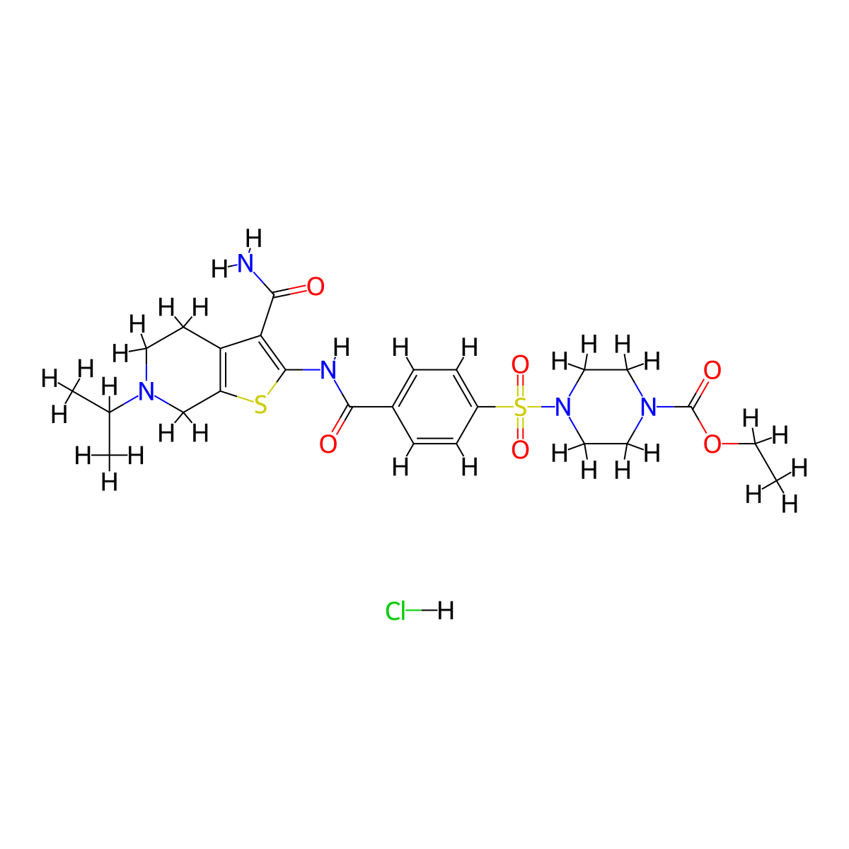Ethyl 4-((4-((3-carbamoyl-6-isopropyl-4,5,6,7-tetrahydrothieno[2,3-c]pyridin-2-yl)carbamoyl)phenyl)sulfonyl)piperazine-1-carboxylate hydrochloride molecular structure, CAS 1215664-62-2