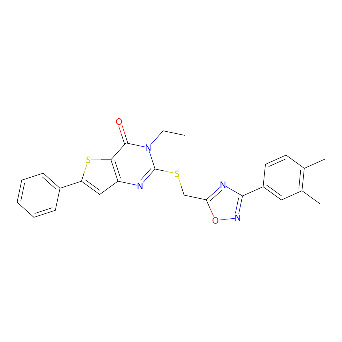 2-({[3-(3,4-dimethylphenyl)-1,2,4-oxadiazol-5-yl]methyl}sulfanyl)-3-ethyl-6-phenyl-3H,4H-thieno[3,2-d]pyrimidin-4-one molecular structure, CAS 1215664-85-9