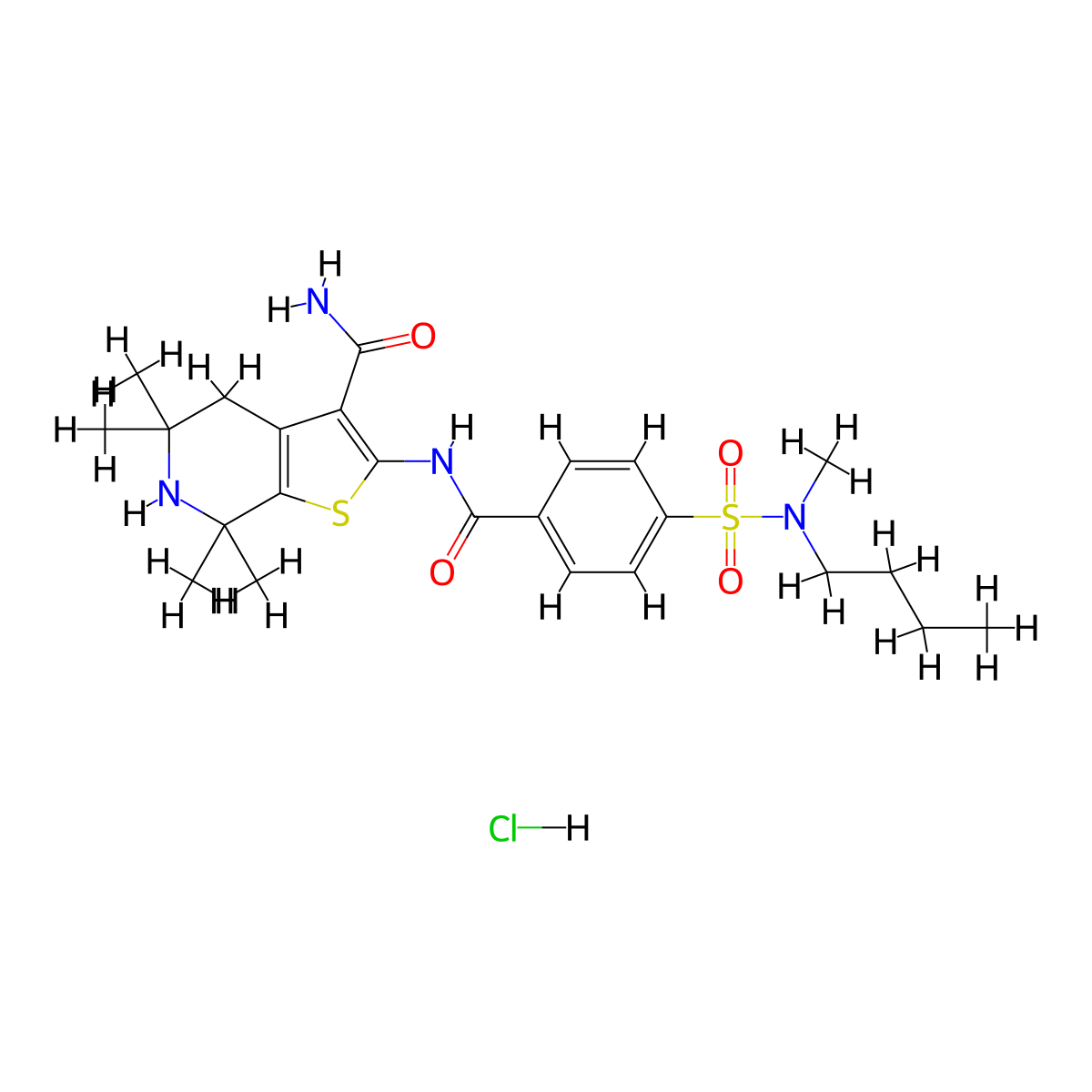 2-(4-(N-butyl-N-methylsulfamoyl)benzamido)-5,5,7,7-tetramethyl-4,5,6,7-tetrahydrothieno[2,3-c]pyridine-3-carboxamide hydrochloride molecular structure, CAS 1215665-48-7