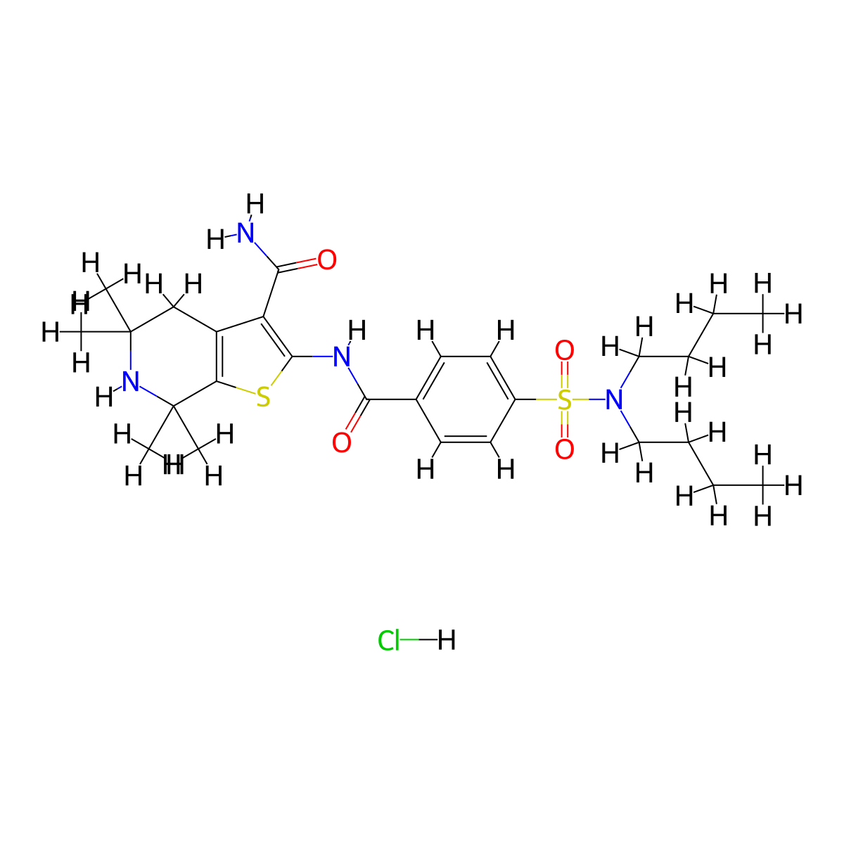 2-(4-(N,N-dibutylsulfamoyl)benzamido)-5,5,7,7-tetramethyl-4,5,6,7-tetrahydrothieno[2,3-c]pyridine-3-carboxamide hydrochloride molecular structure, CAS 1215665-89-6