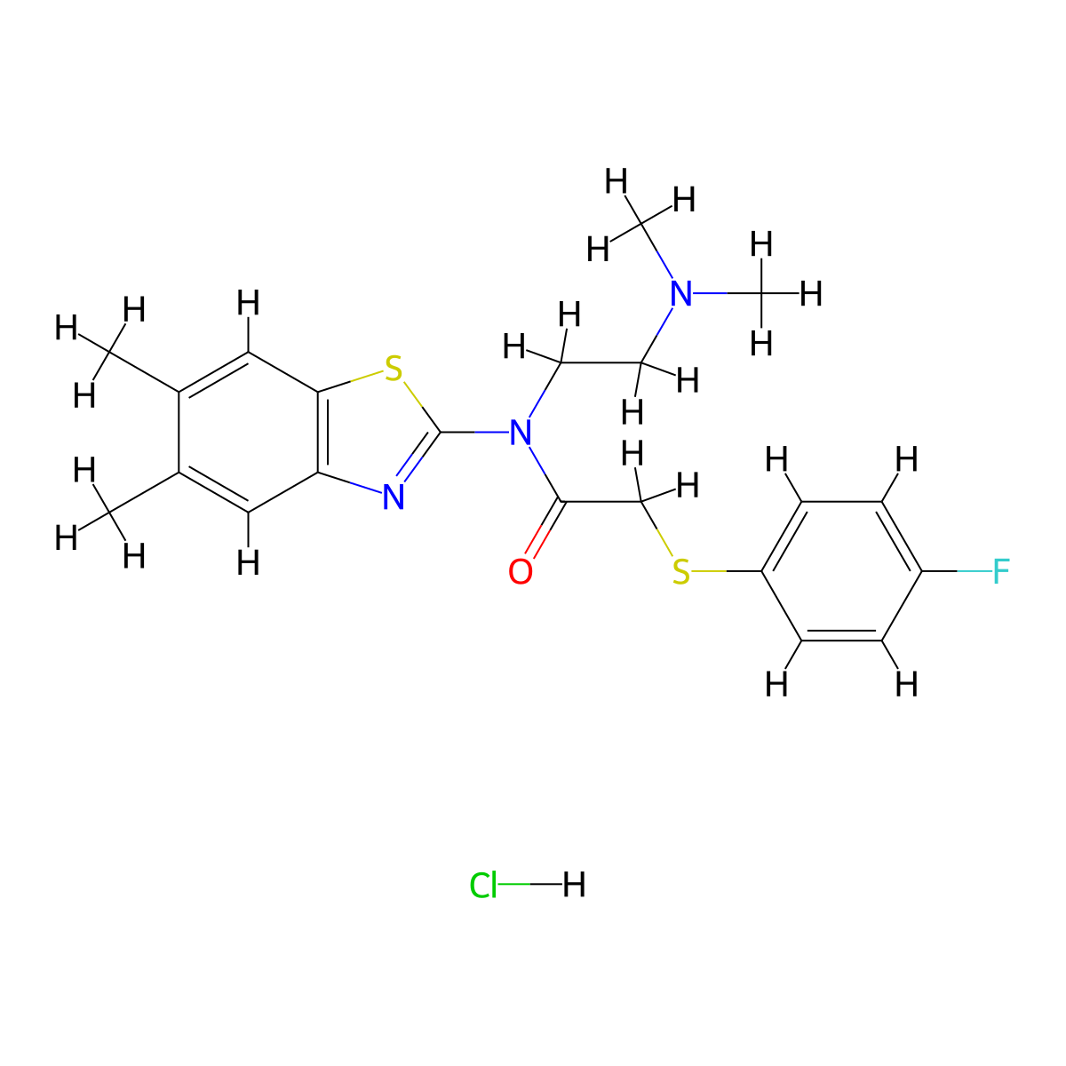 N-(2-(dimethylamino)ethyl)-N-(5,6-dimethylbenzo[d]thiazol-2-yl)-2-((4-fluorophenyl)thio)acetamide hydrochloride molecular structure, CAS 1215669-68-3