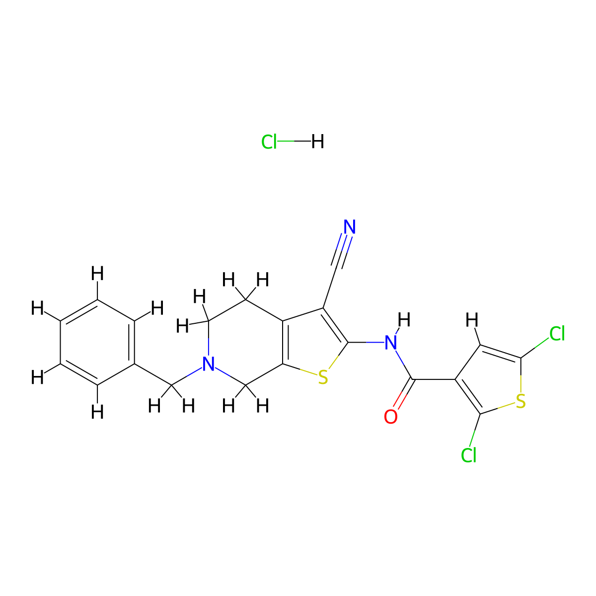 N-(6-benzyl-3-cyano-4,5,6,7-tetrahydrothieno[2,3-c]pyridin-2-yl)-2,5-dichlorothiophene-3-carboxamide hydrochloride molecular structure, CAS 1215671-13-8